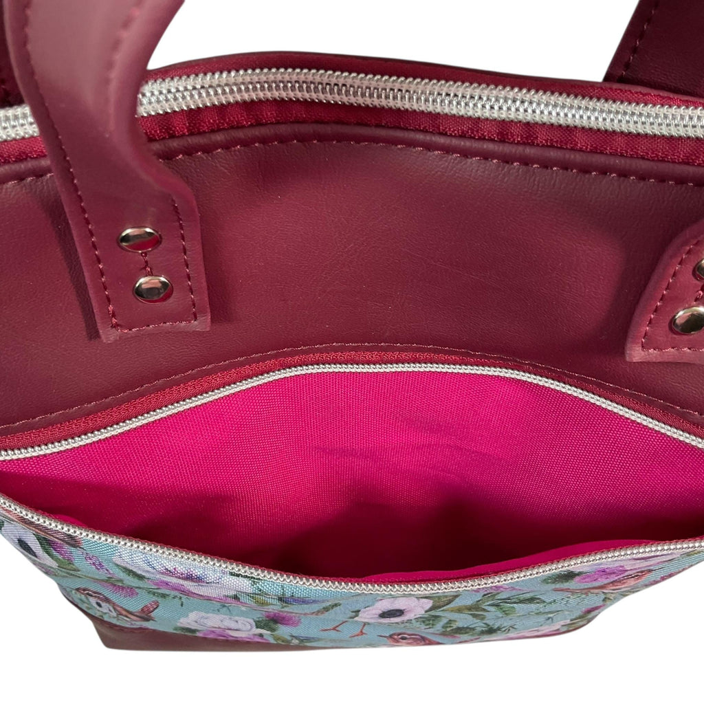 Handbag in faux Leather and bird  print  fabric, medium tote style zip top shoulder crossbody with carry handles