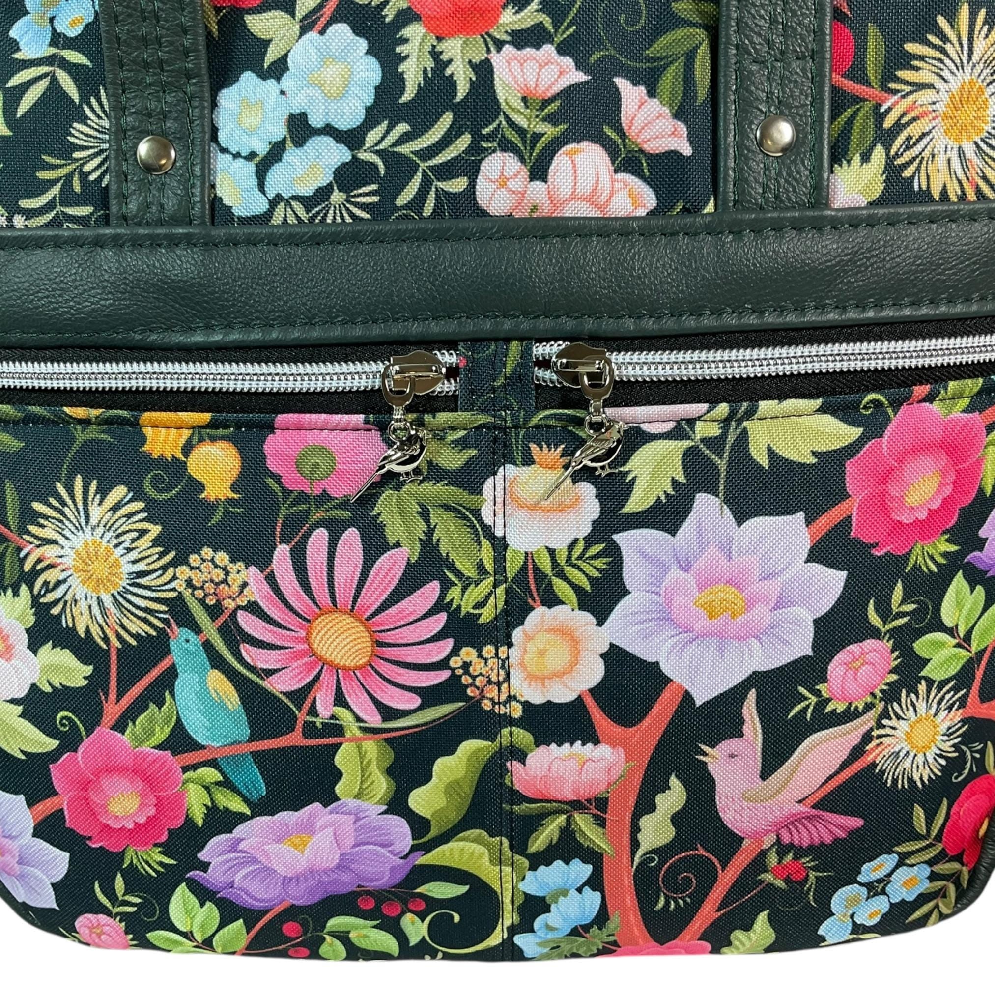 Crossbody Handbag with floral bird print, made in genuine leather, unique large woodland shoulder tote, zip pocket,  ladies gift