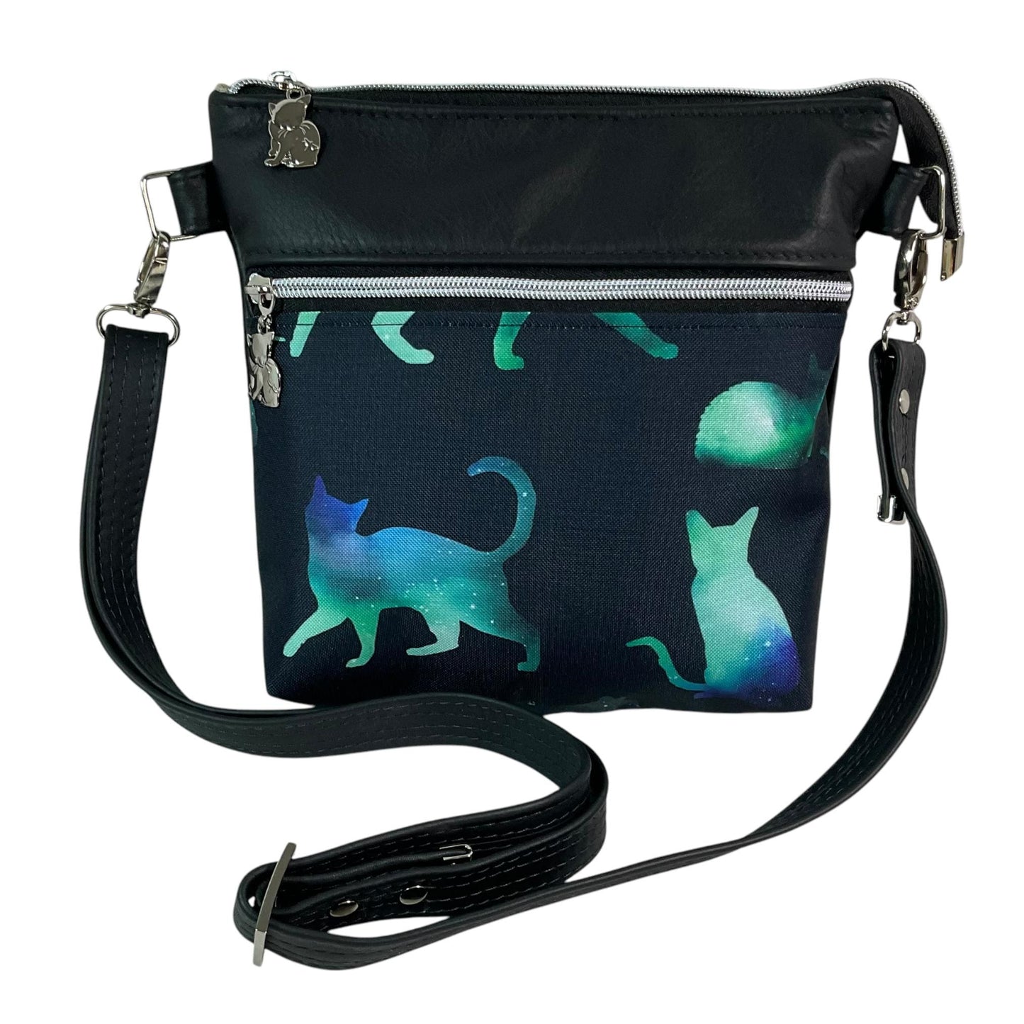 Leather Crossbody Bag: Green Cat Print Canvas, Handmade