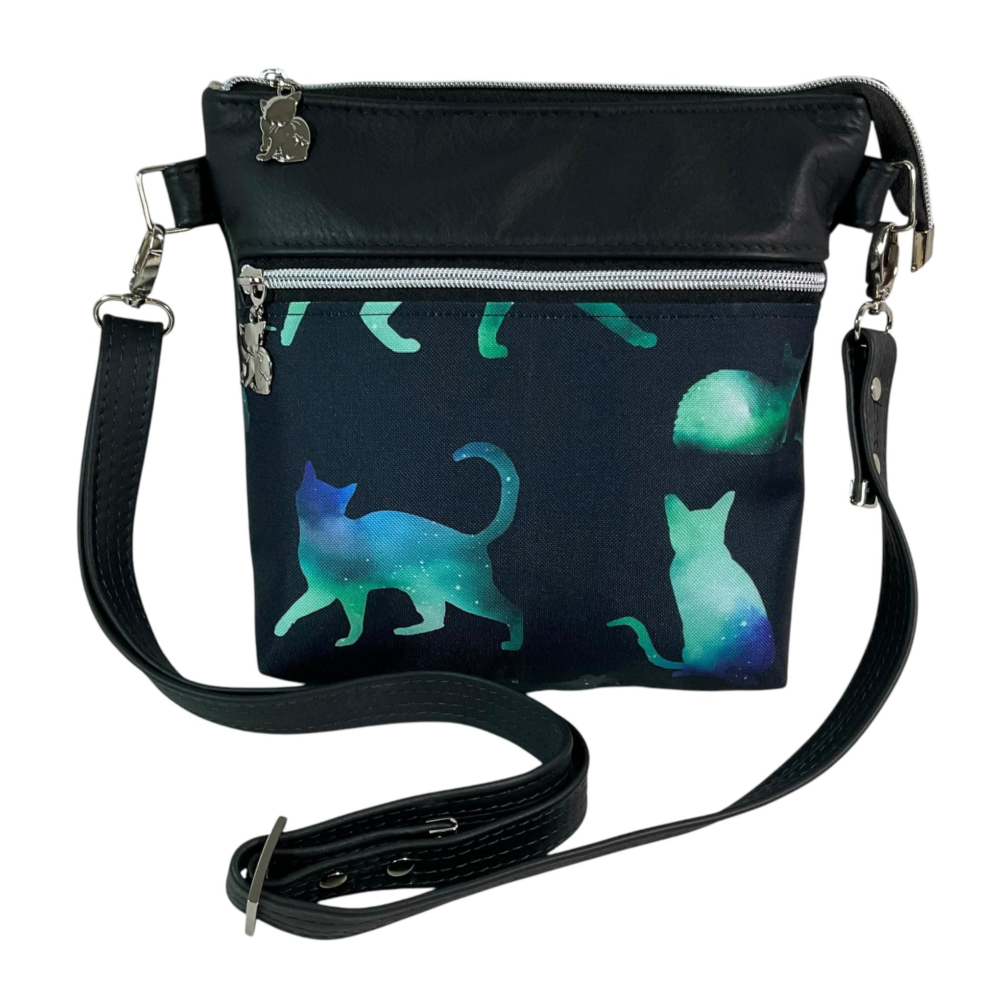 Leather Crossbody Bag: Green Cat Print Canvas, Handmade