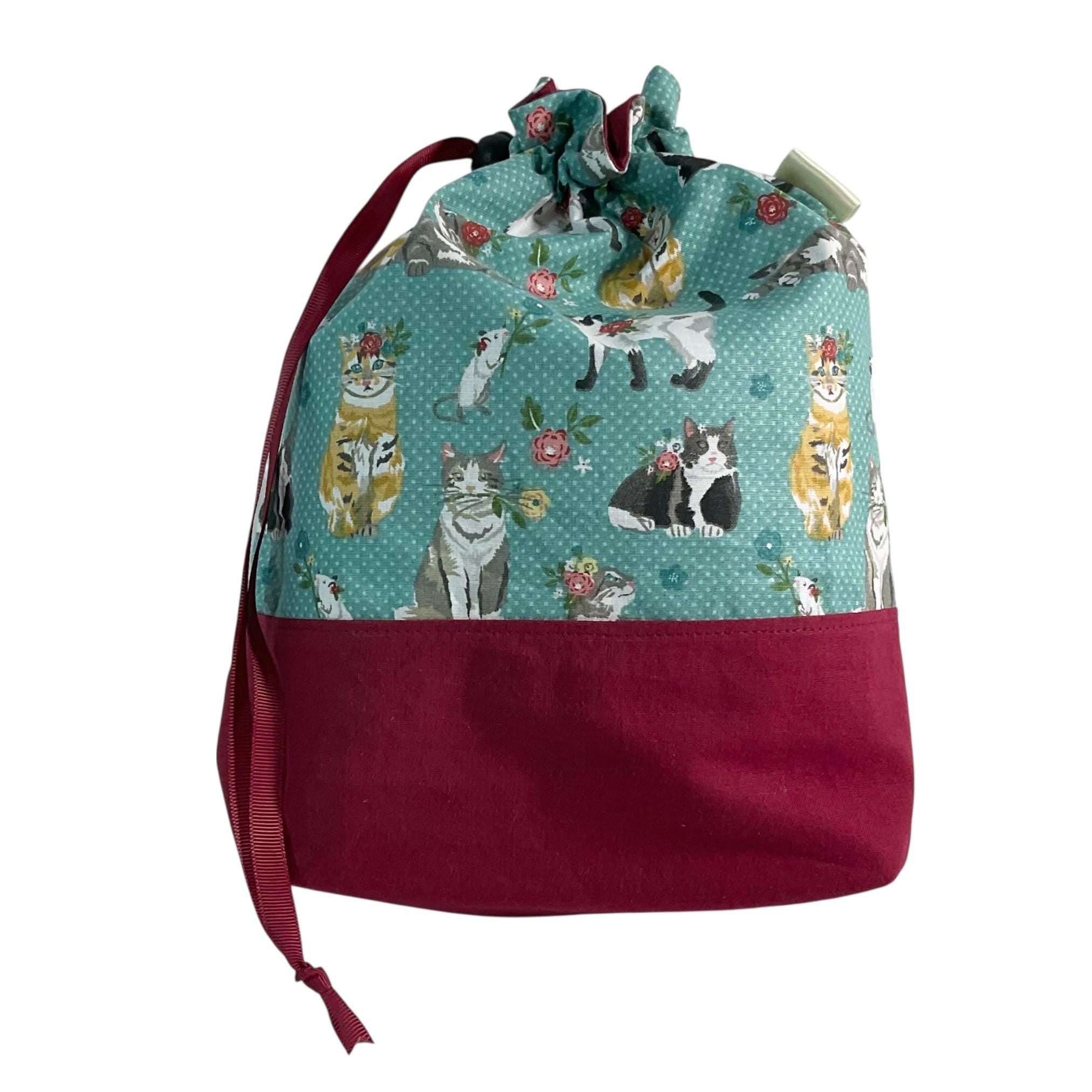 Knitting and crochet bag, Two at a time project bag with cat print, drawstring divided sock sack, yarn work in progress pouch, craft gift