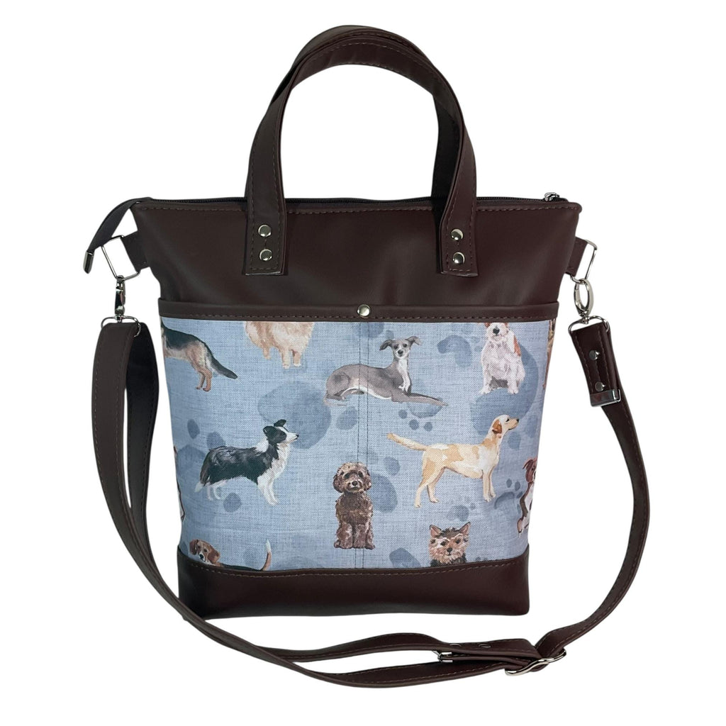 Handbag in faux Leather and dog breeds print  fabric, medium tote style zip top shoulder crossbody with carry handles