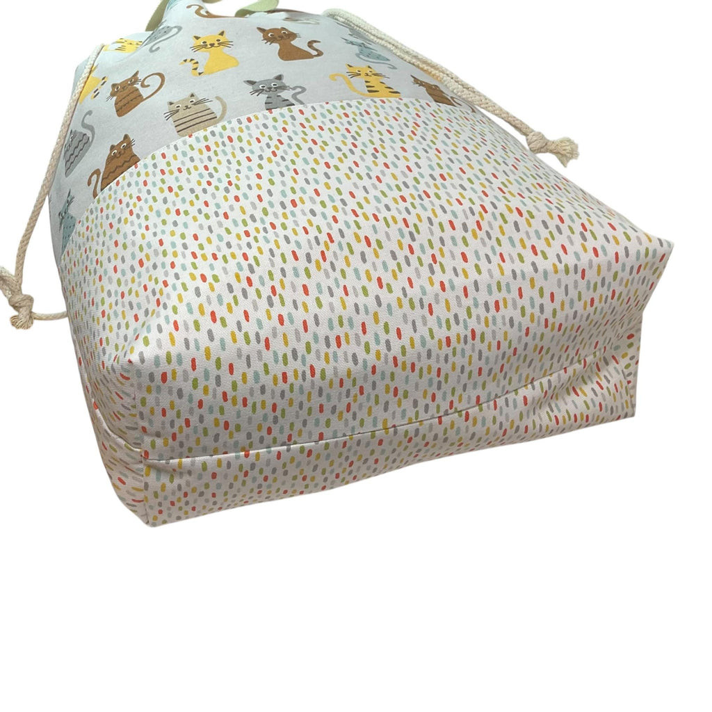 XXL  drawstring knitting bag with cat print, supersized multi pockets project bag with handles, cat lover gift