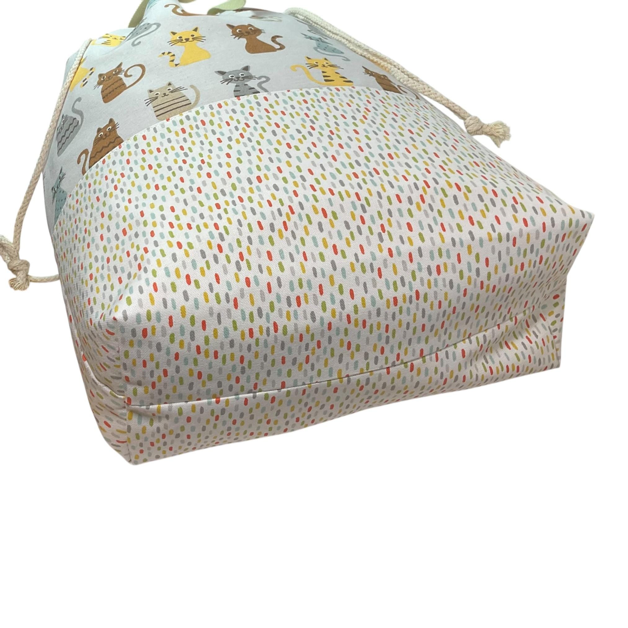 XXL  drawstring knitting bag with cat print, supersized multi pockets project bag with handles, cat lover gift