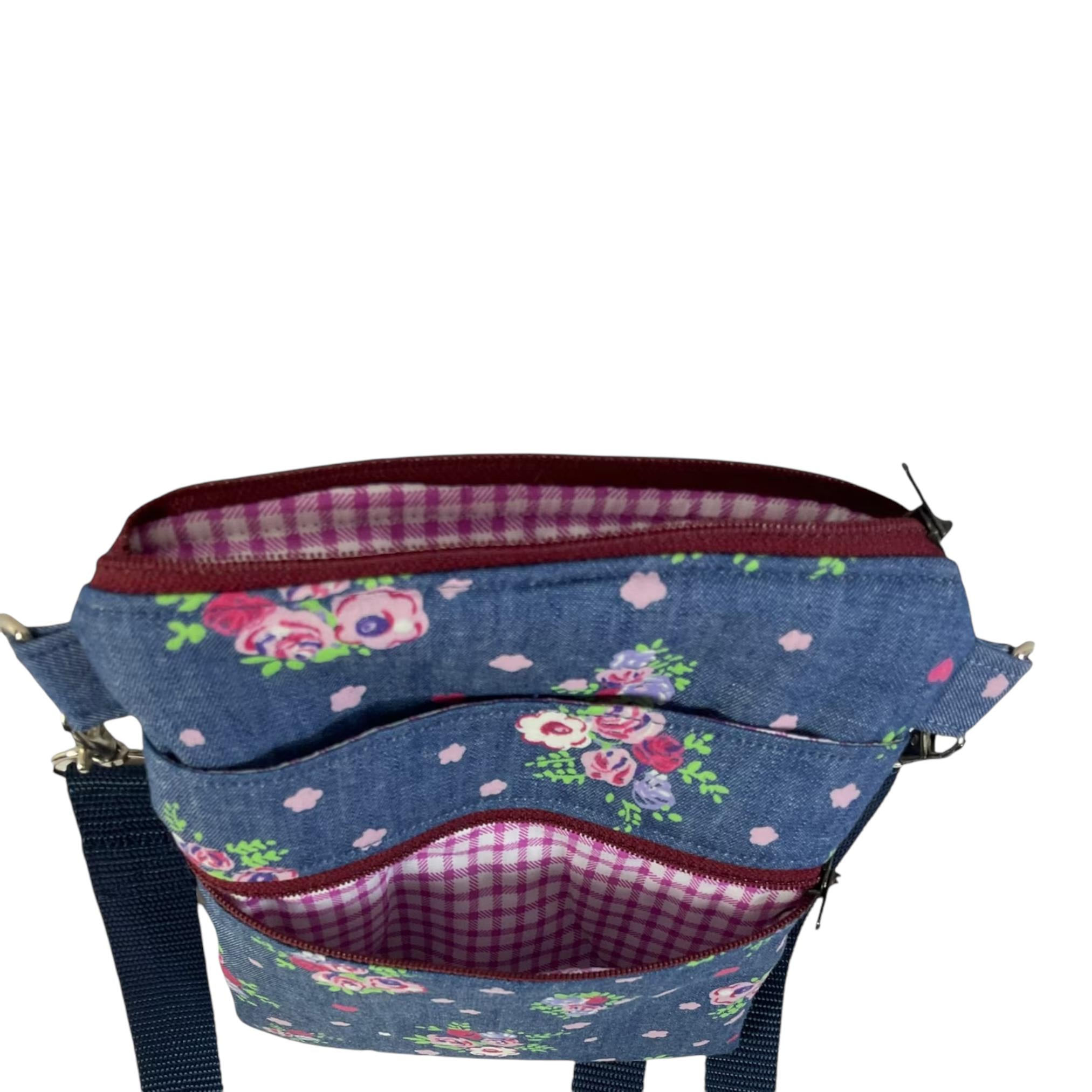 Denim  slim phone shoulder bag with multi pockets, butterfly teenager messenger , floral mini clutch bag, clubbing festival bag