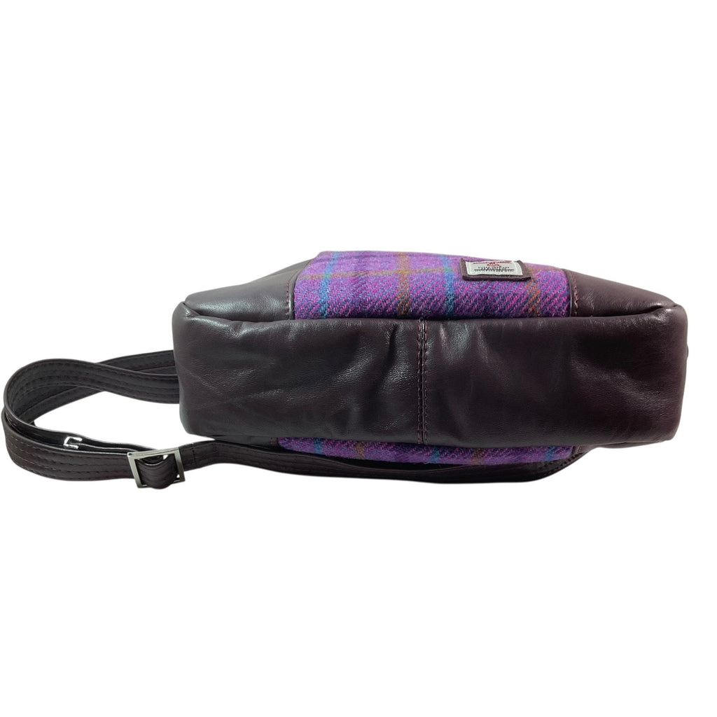 Handbag in genuine leather and Harris tweed tartan print pure wool, green and purple check medium sized zip top shoulder bag