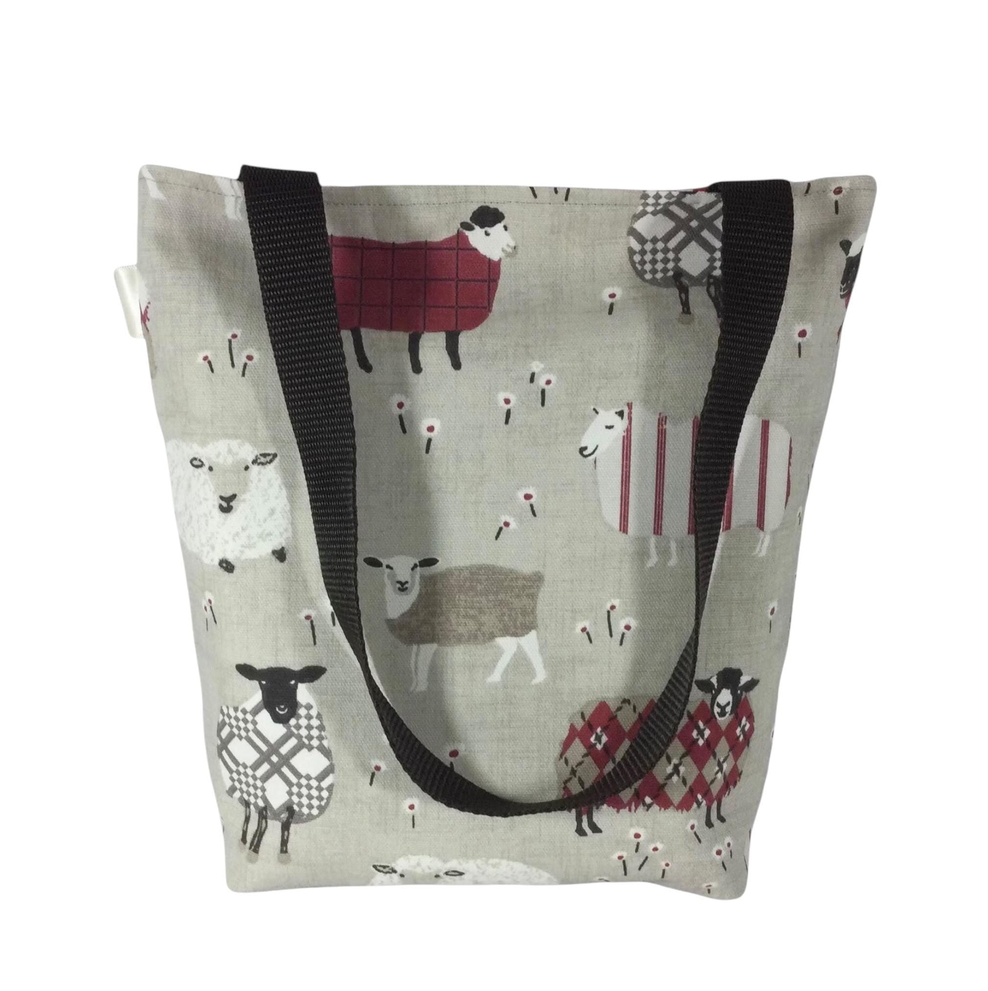 small sheep tote bag, mini lined canvas shopping bag, girls purse, book bag, knitters project gift