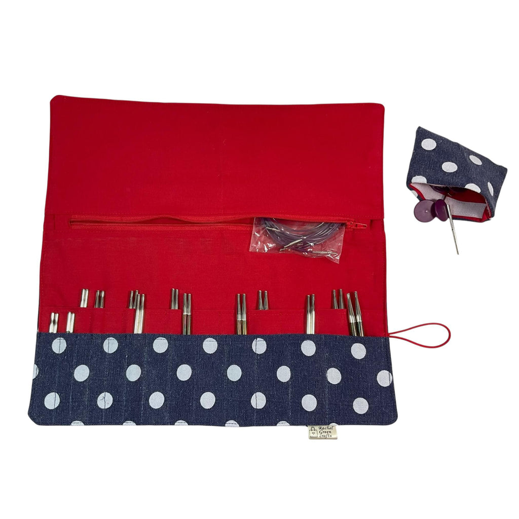 Interchangeable knitting needle case with denim spot, holds 2 sets, addi case, chiagoo wallet, knit pro organiser, sock needle pouch,