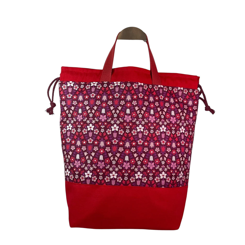 Liberty fabric Extra Large drawstring knitting bag with floral print, multi pockets project  bag with handle, flower lover gift