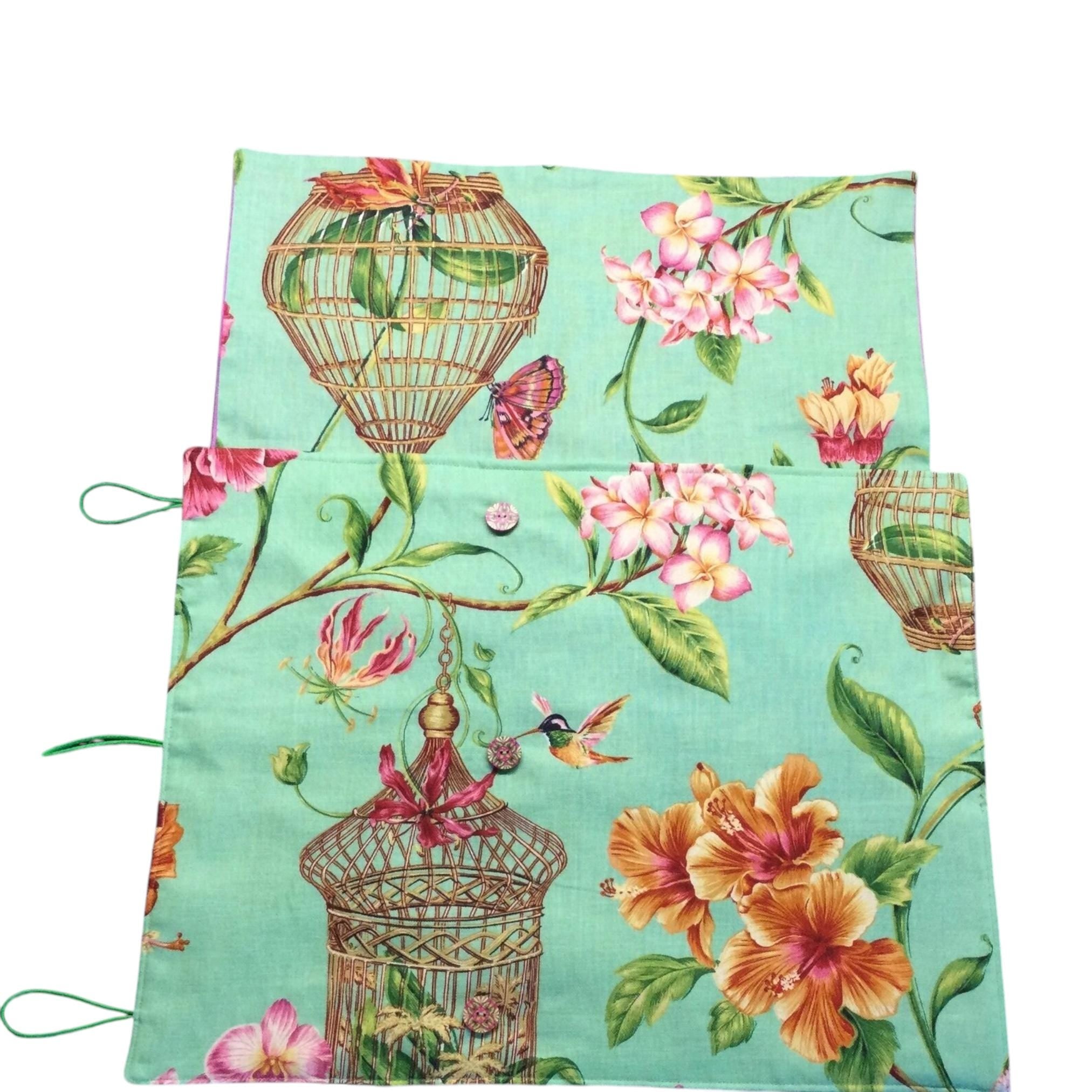 Straight and double pointed knitting needle case with floral birds, needle pouch, needle storage, long needles wallet, sock needle