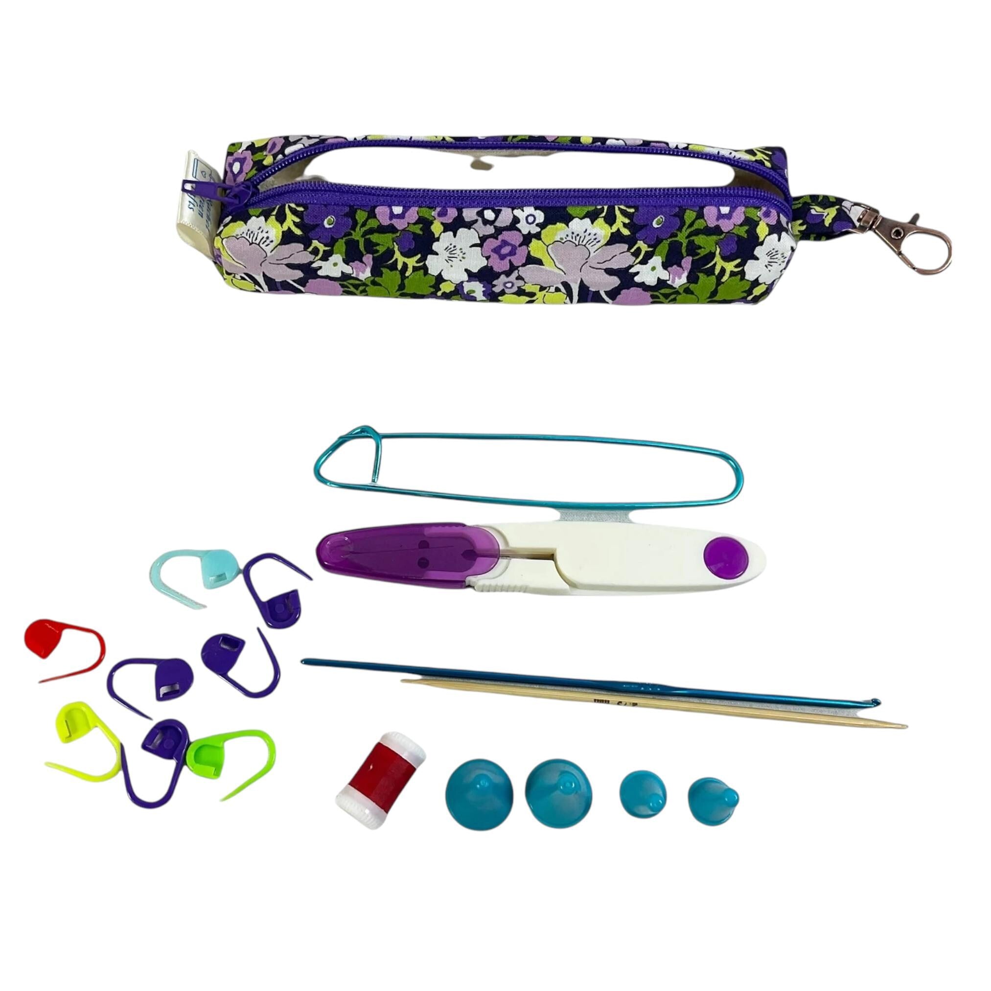 Knitting kit and crochet travel set in Liberty fabric, clip on bag travel kit, floral accessories pouch, travel scissors, crafting kit