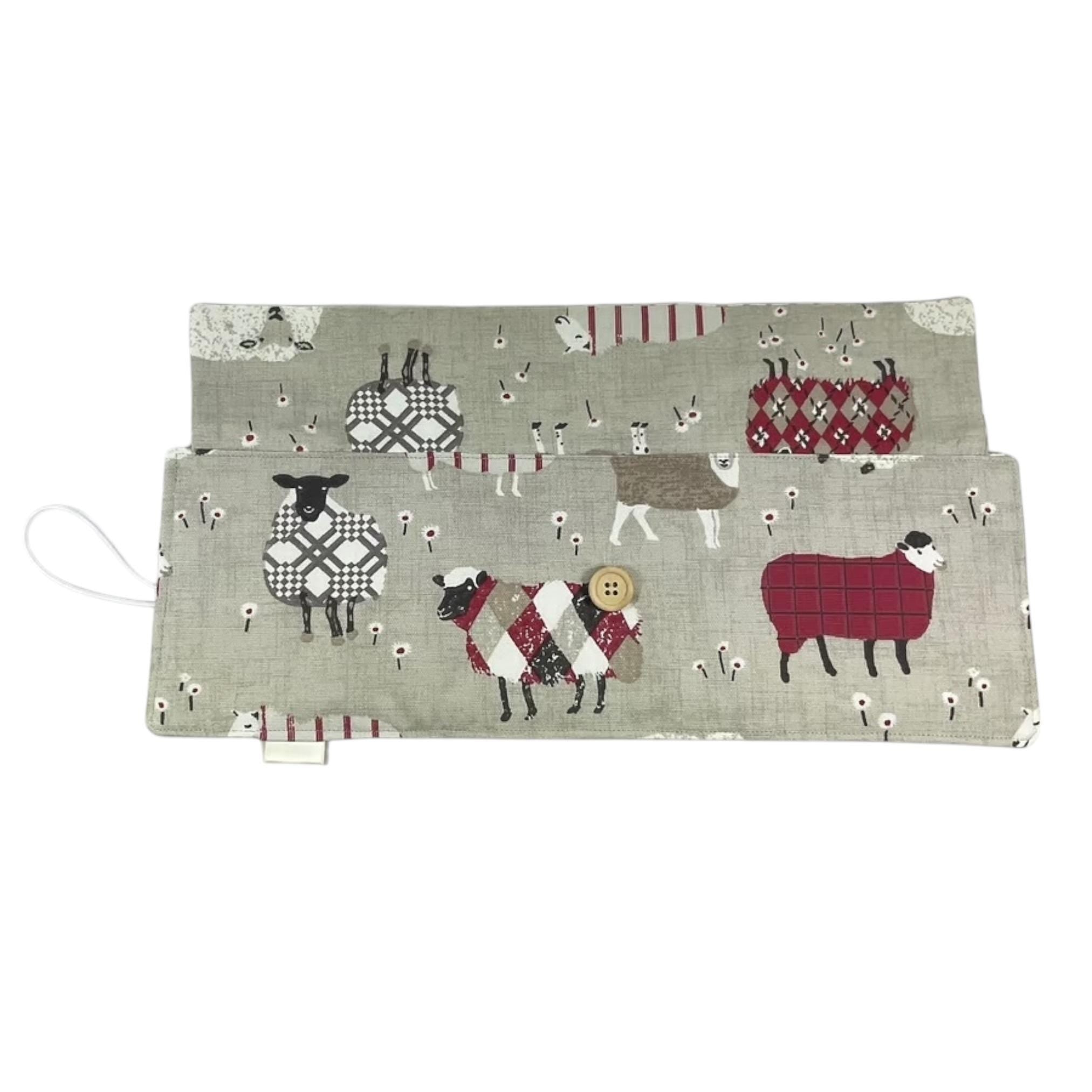 Short Circular knitting needle case with sheep, 40cm small diameter wallet, fixed 16", 9", 12" needle storage, knitters gift, needle holder,