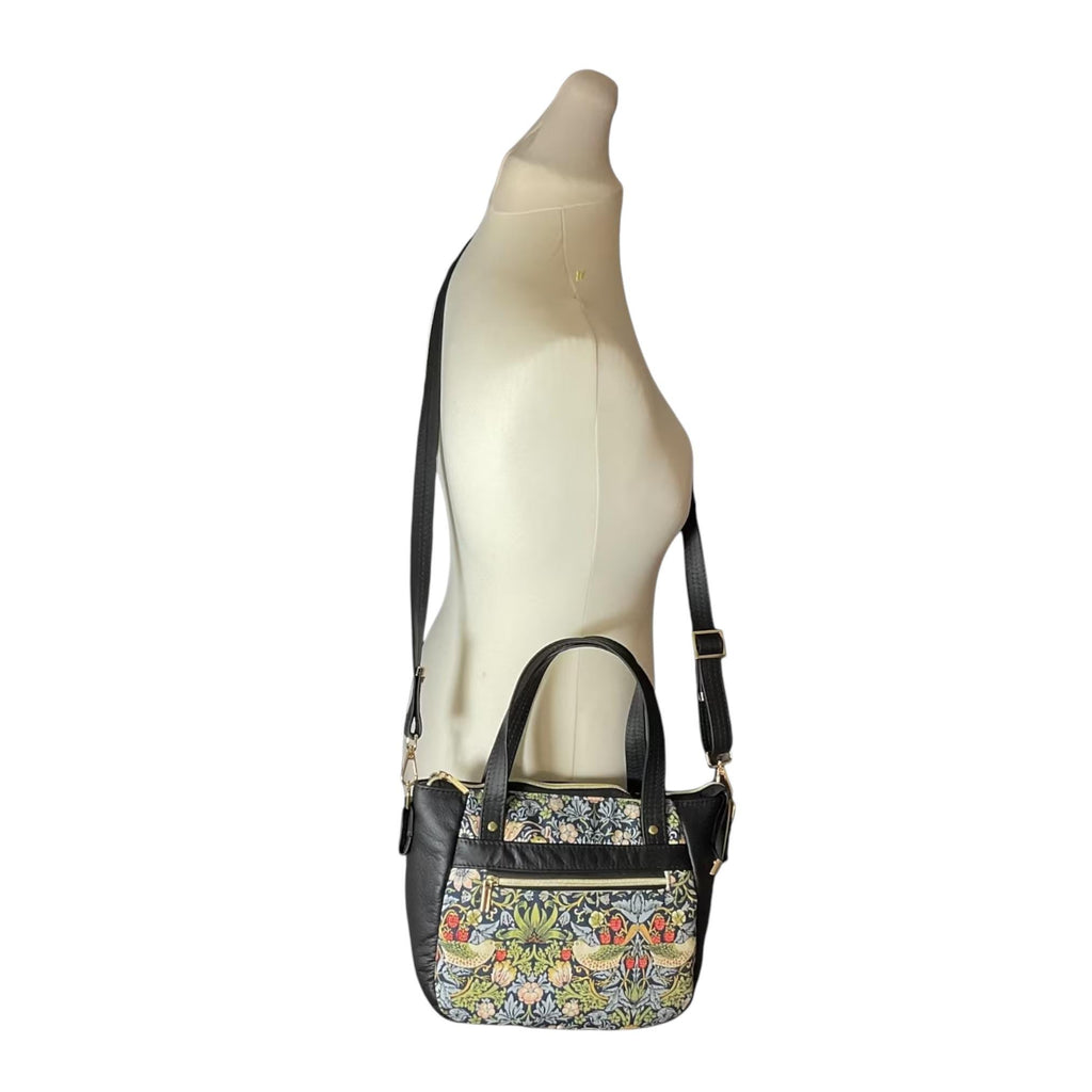 Crossbody Handbag in genuine Leather and strawberry thief print, William Morris print shoulder bag, zip pocket adjustable strap organiser