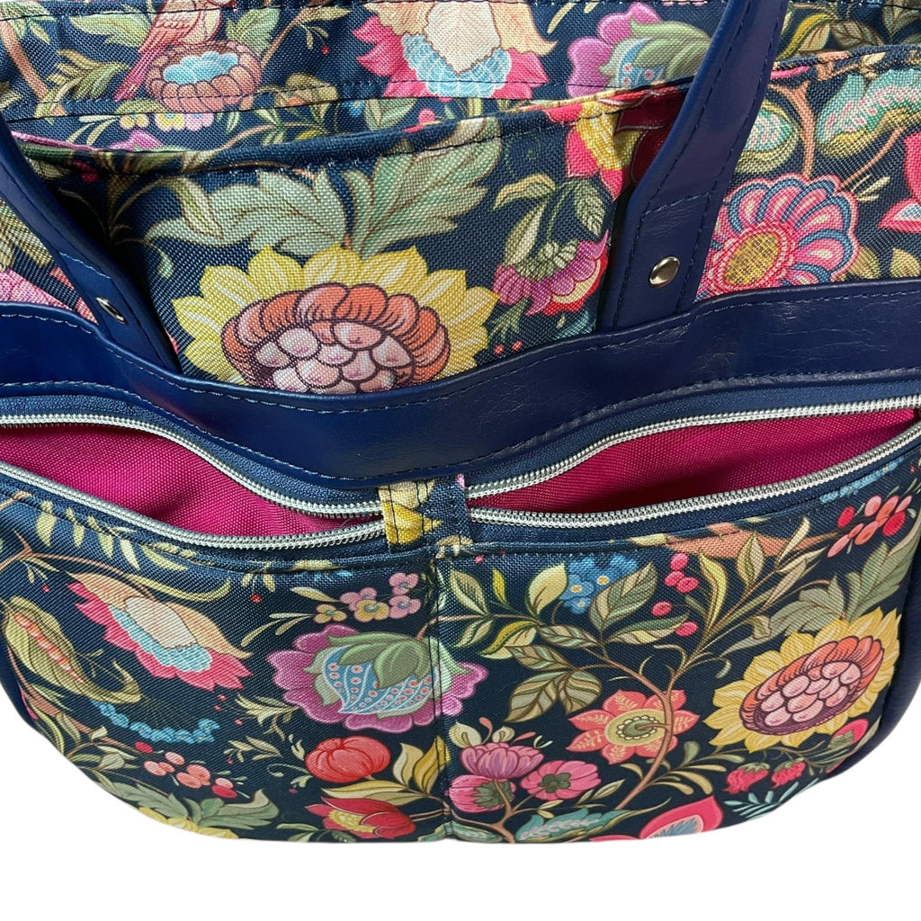 Crossbody Handbag with floral bird print, made in blue shade faux leather, unique large woodland shoulder tote, zip pocket,  ladies gift