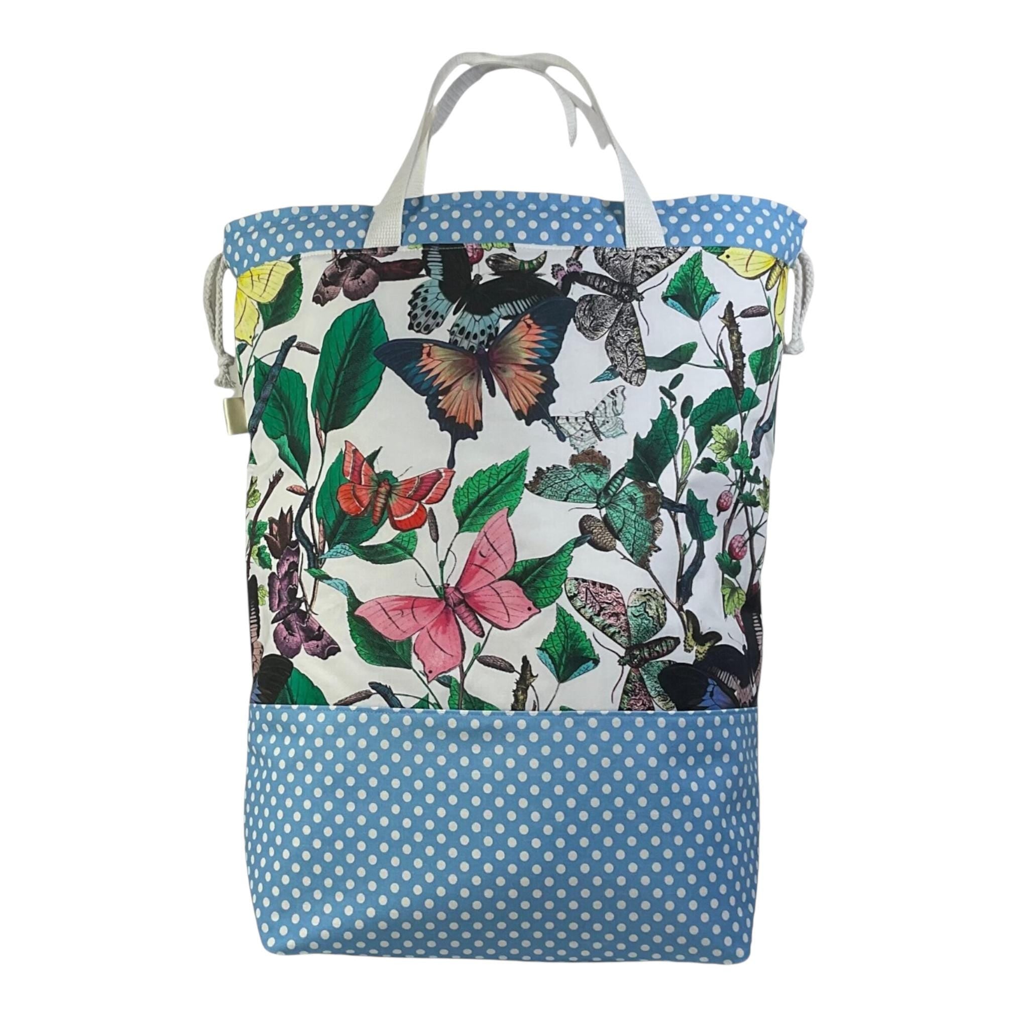 XXL  drawstring knitting bag with butterfly and moth print, supersized multi pockets project bag with handles , butterfly  lover gift
