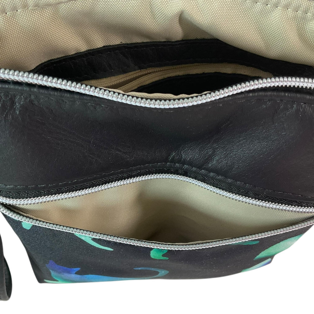 Leather Crossbody Bag: Green Cat Print Canvas, Handmade