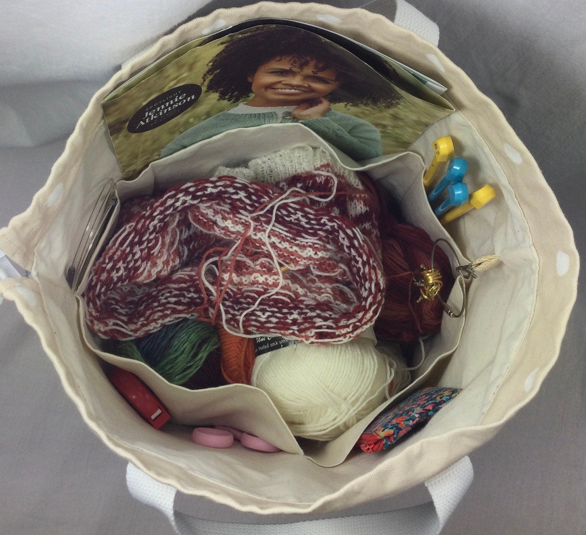 Extra Large canvas drawstring knitting bag with hummingbirds and butterflies print, multi pockets project bag with handles