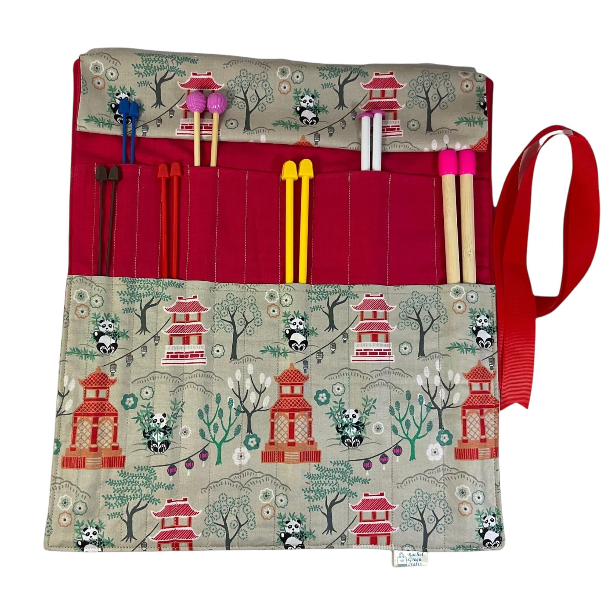 Straight knitting needle case with pandas ,  needle roll, storage case, knitting accessories, knitters gift,needle organiser