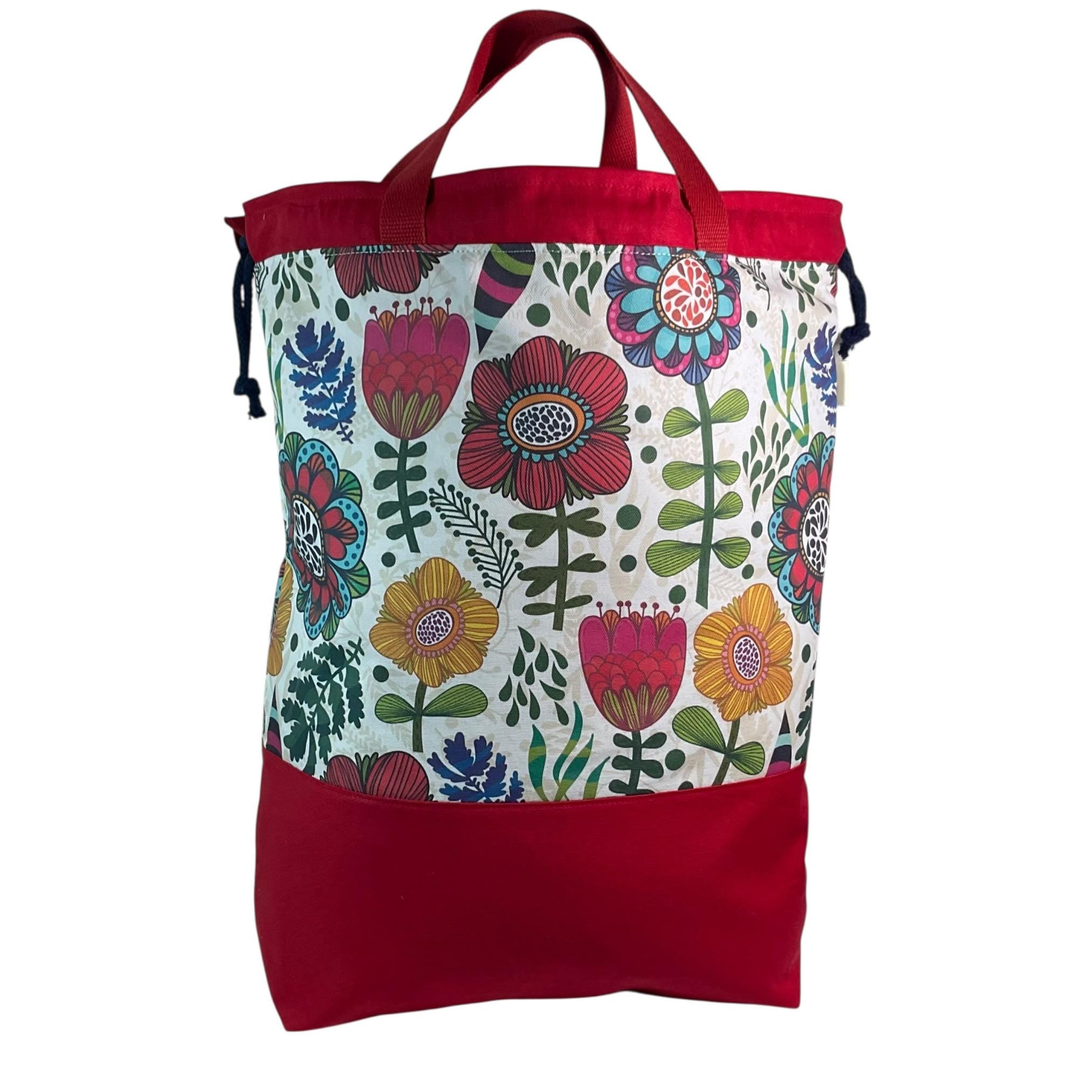 XXL  drawstring knitting bag with bright floral print, supersized multi pockets project bag with handles, flower lovers knitters gift