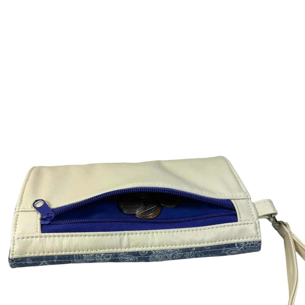 Clutch bag wristlet wallet for phone and cards/ cash, small phone bag in faux leather and floral fabric, evening clubbing purse, ladies gift