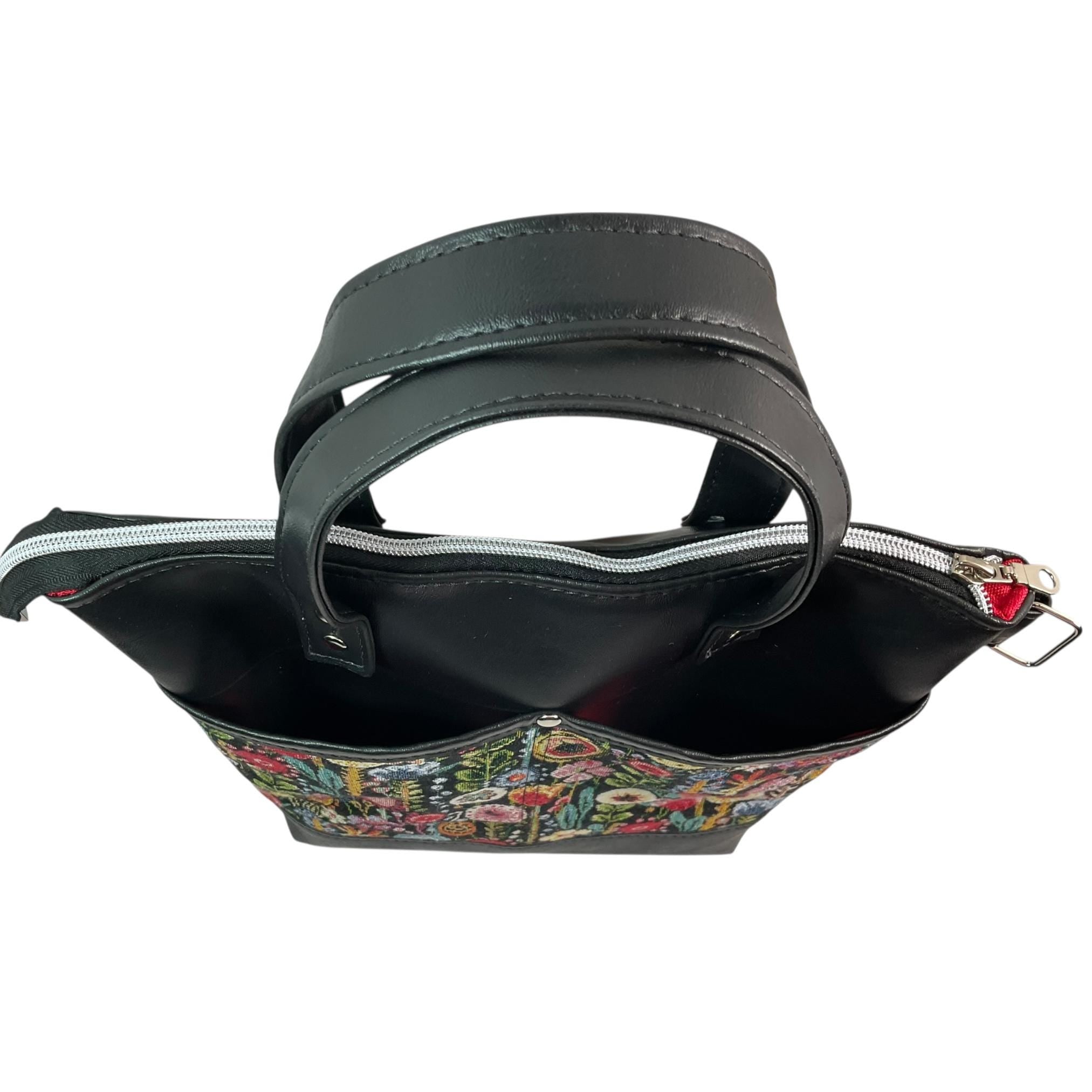 Handbag in faux Leather and floral tapestry fabric, medium tote style zip top shoulder crossbody with carry handles