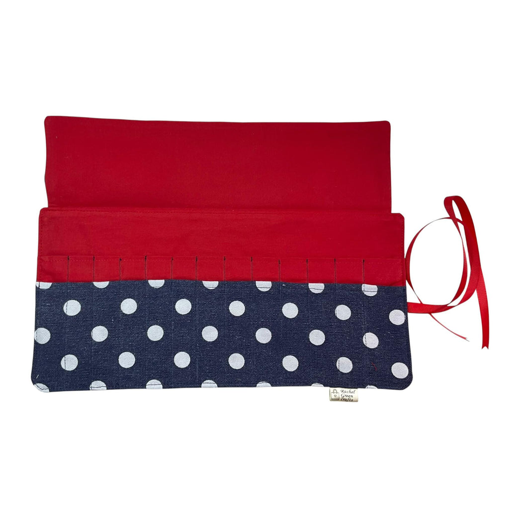 Crochet hook case with denim spot, Ergonomic organiser, roll up case, knitters gift, Crochet gift, crochet storage