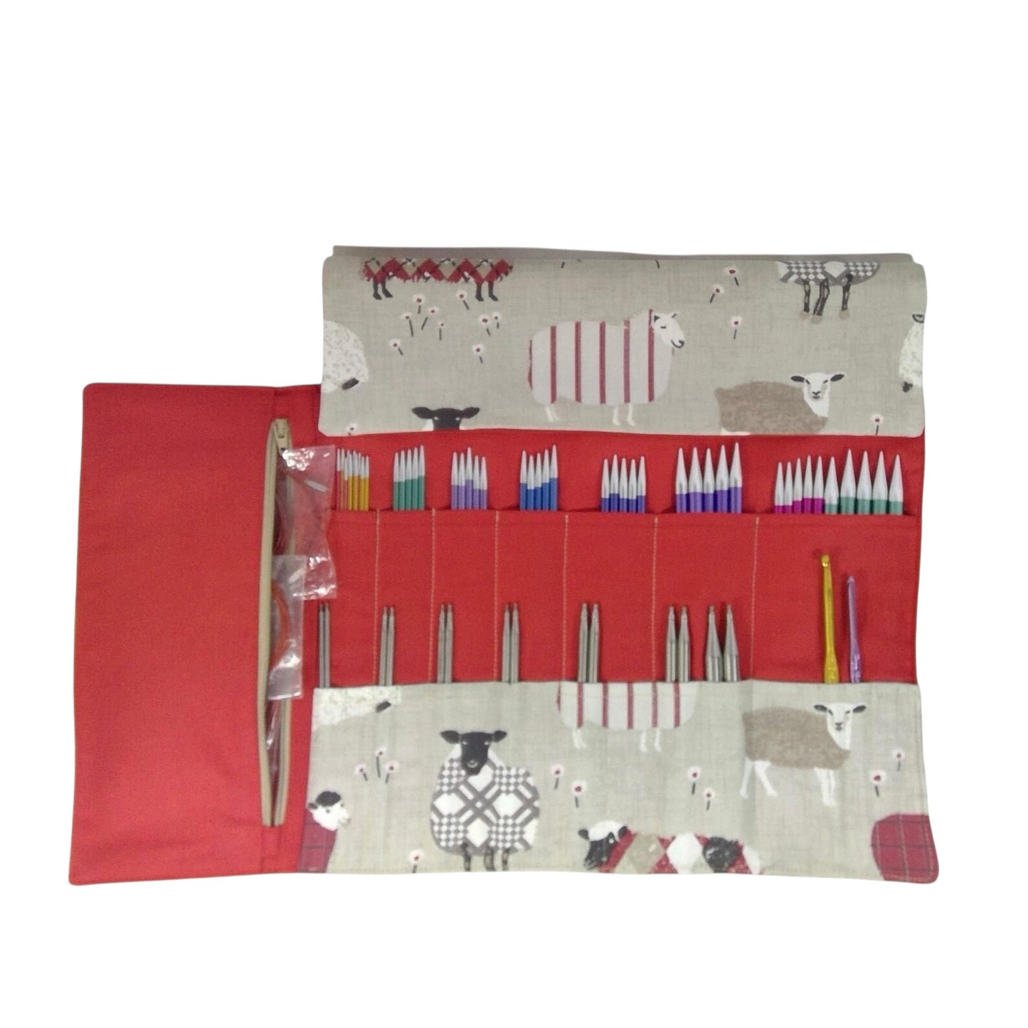 interchangeable and double pointed knitting needle case with red sheep