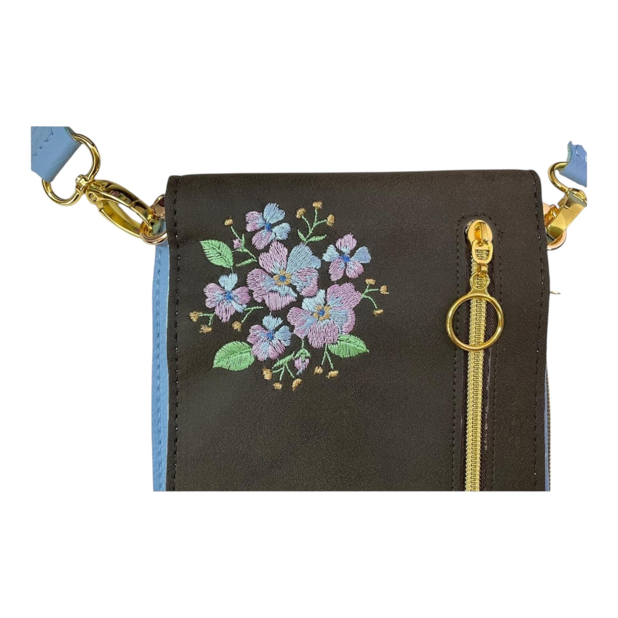 Vegan phone shoulder bag made of faux leather with multi pockets, phone size embroidered messenger style sling crossbody pouch, ladies gift