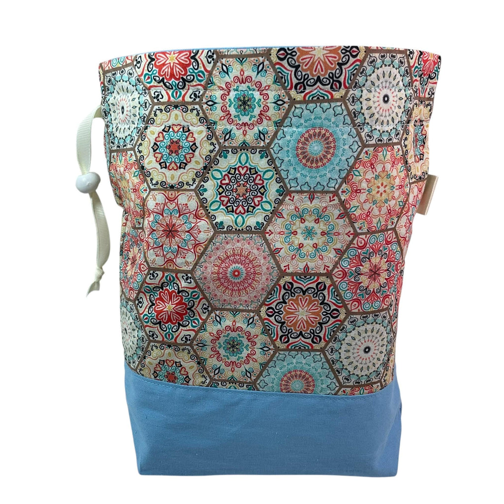 Knitting and crochet bag, Two at a time project bag with floral crochet print, drawstring divided sock sack, yarn work in progress pouch,
