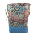 Knitting and crochet bag, Two at a time project bag with floral crochet print, drawstring divided sock sack, yarn work in progress pouch,
