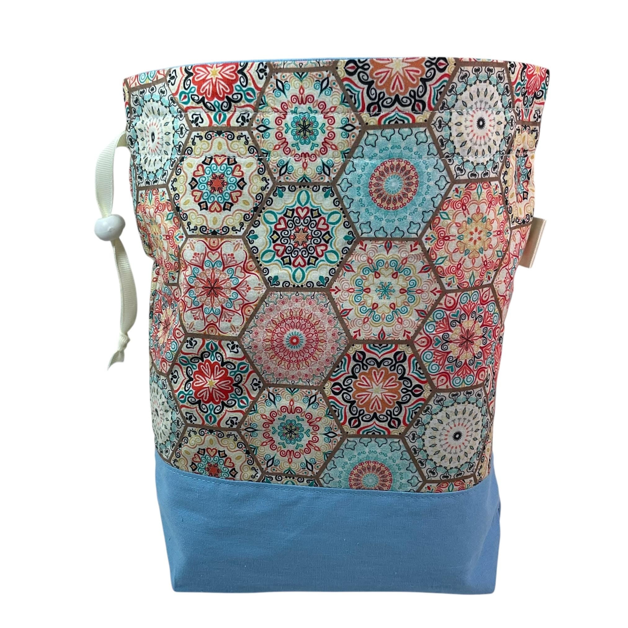 Knitting and crochet bag, Two at a time project bag with floral crochet print, drawstring divided sock sack, yarn work in progress pouch,
