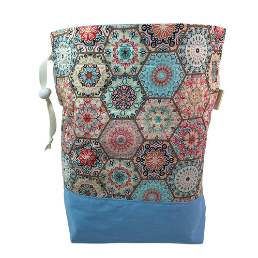 Knitting and crochet Two at a time project bag with floral crochet print