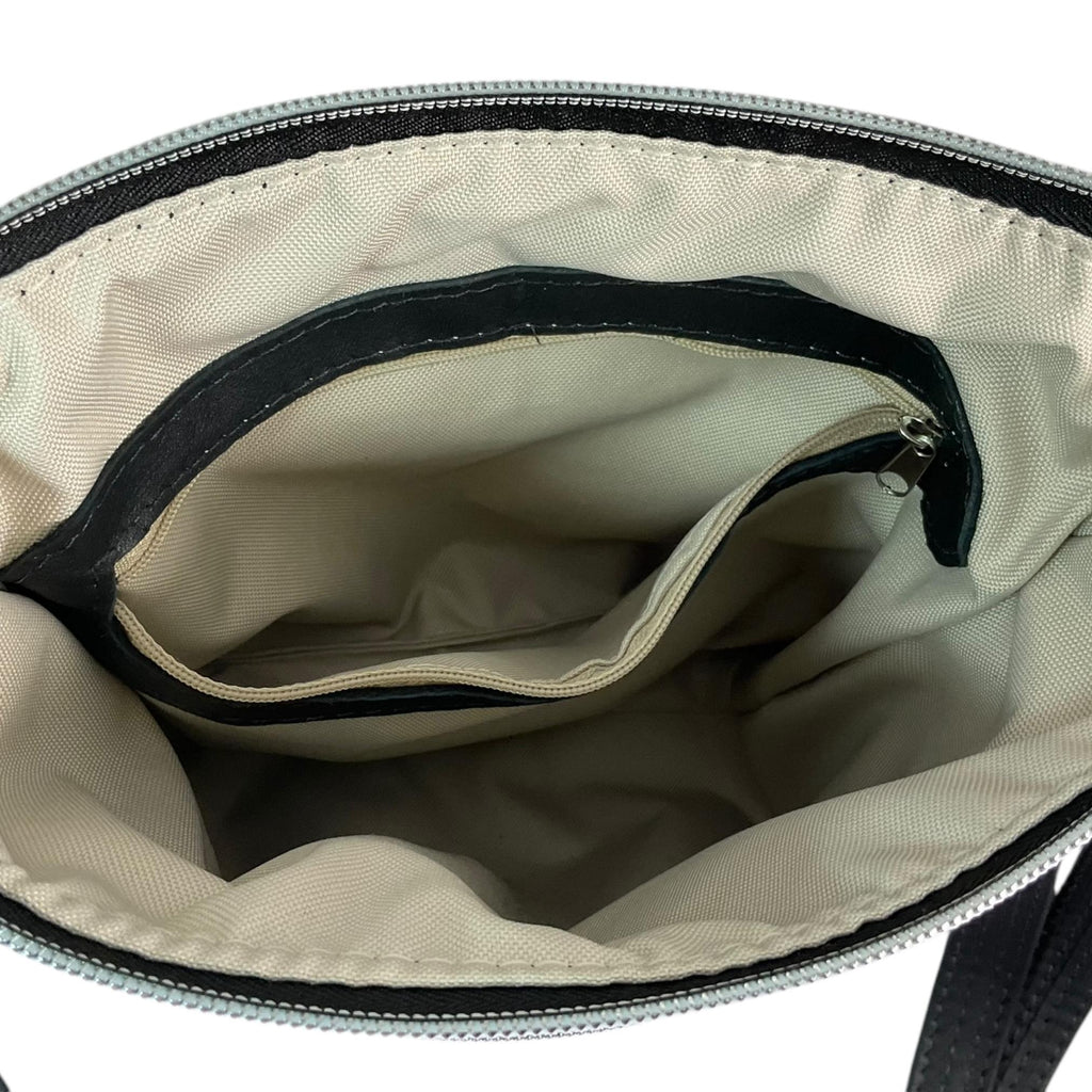 Handbag in genuine Leather and purple cat print water resistant canvas, medium sized zip top