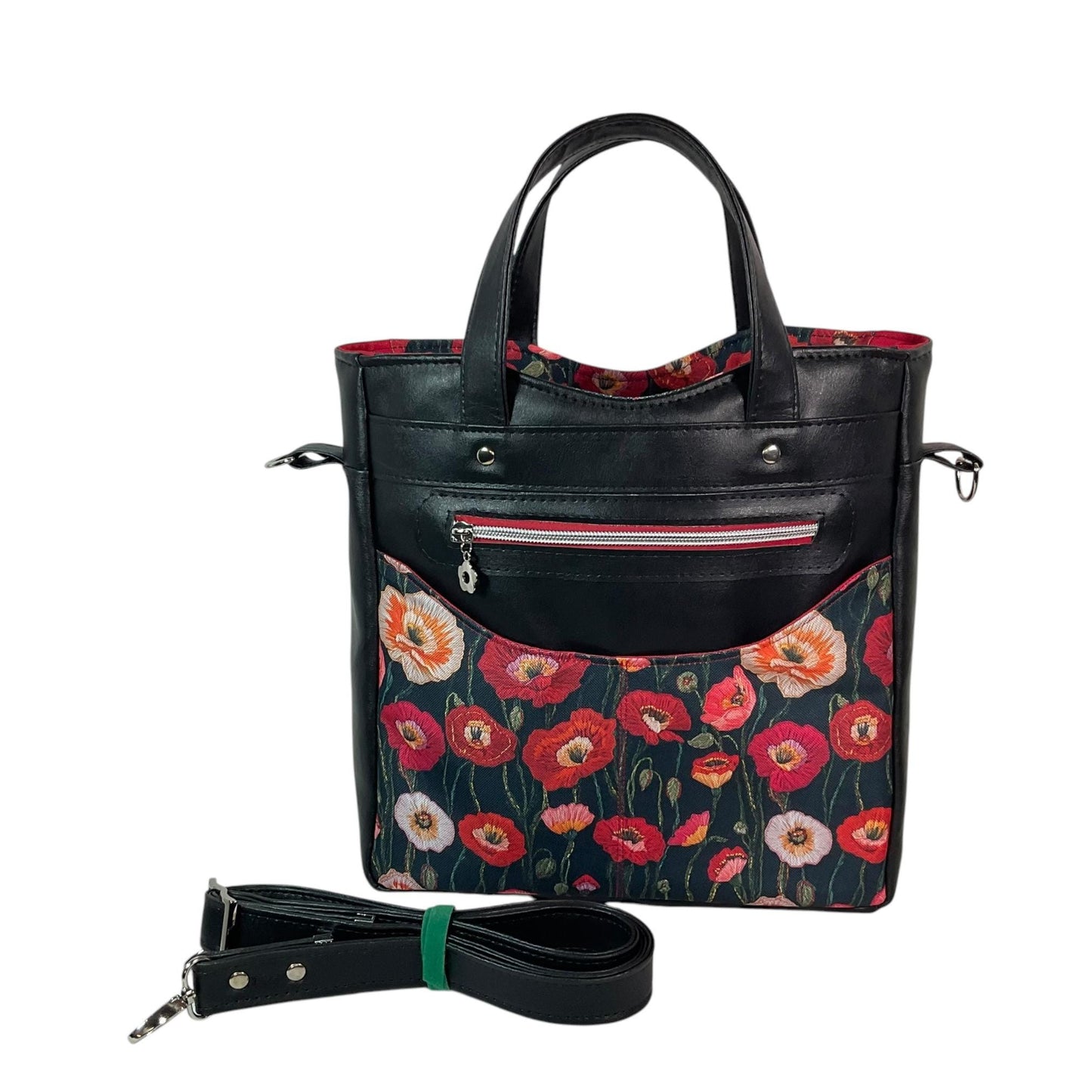 Handbag in faux leather and poppies floral print