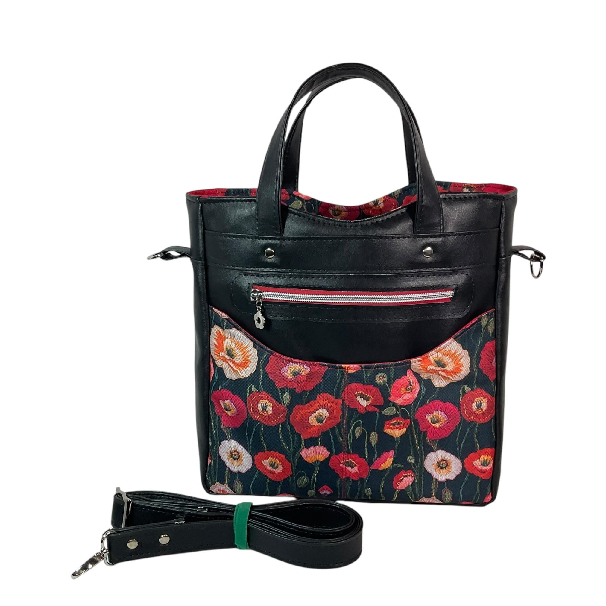 Handbag in faux leather and poppies floral print, vegan ladies gift, handles and crossbody strap bag, rectangular shoulder zip tote