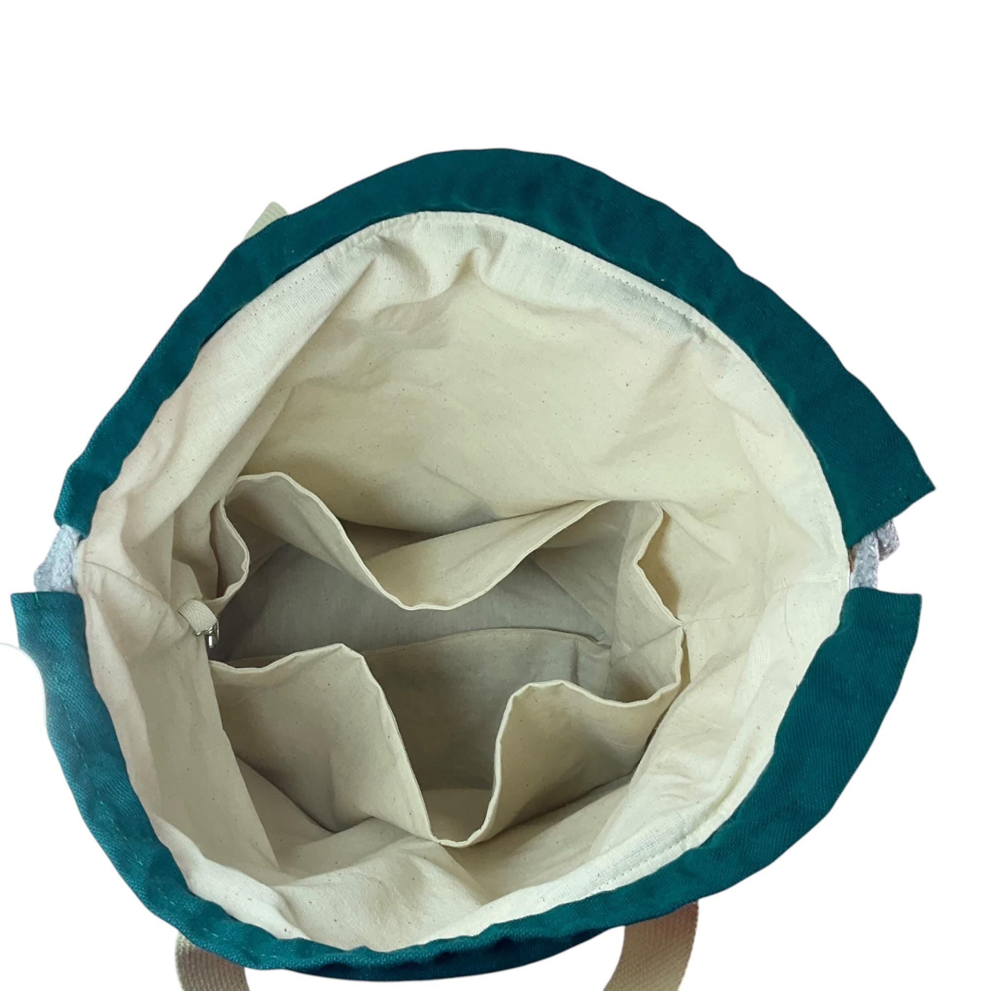 Extra Large canvas drawstring knitting bag with dog print, multi pockets project bag with handles, dog lover gift