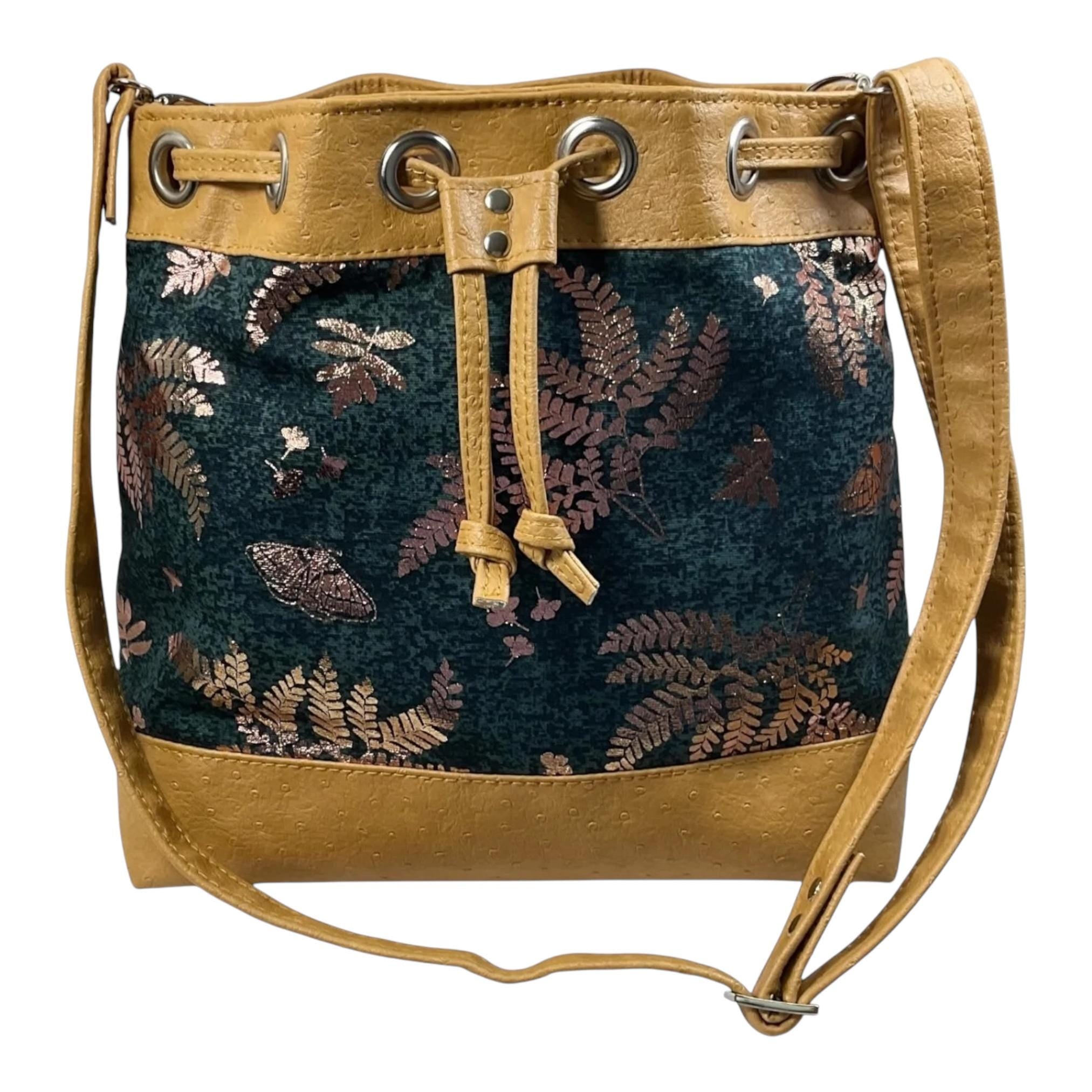 Ostrich Faux Leather Crossbody Bucket Bag: Rose Gold Butterfly Print