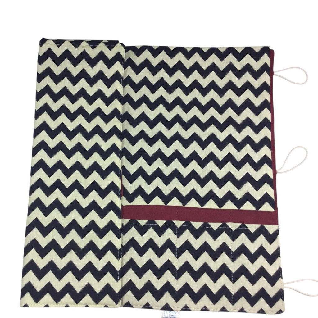 Straight and circular knitting needle case with black chevron print, heavy weight storage pouch, long needles wallet, fixed sock needle