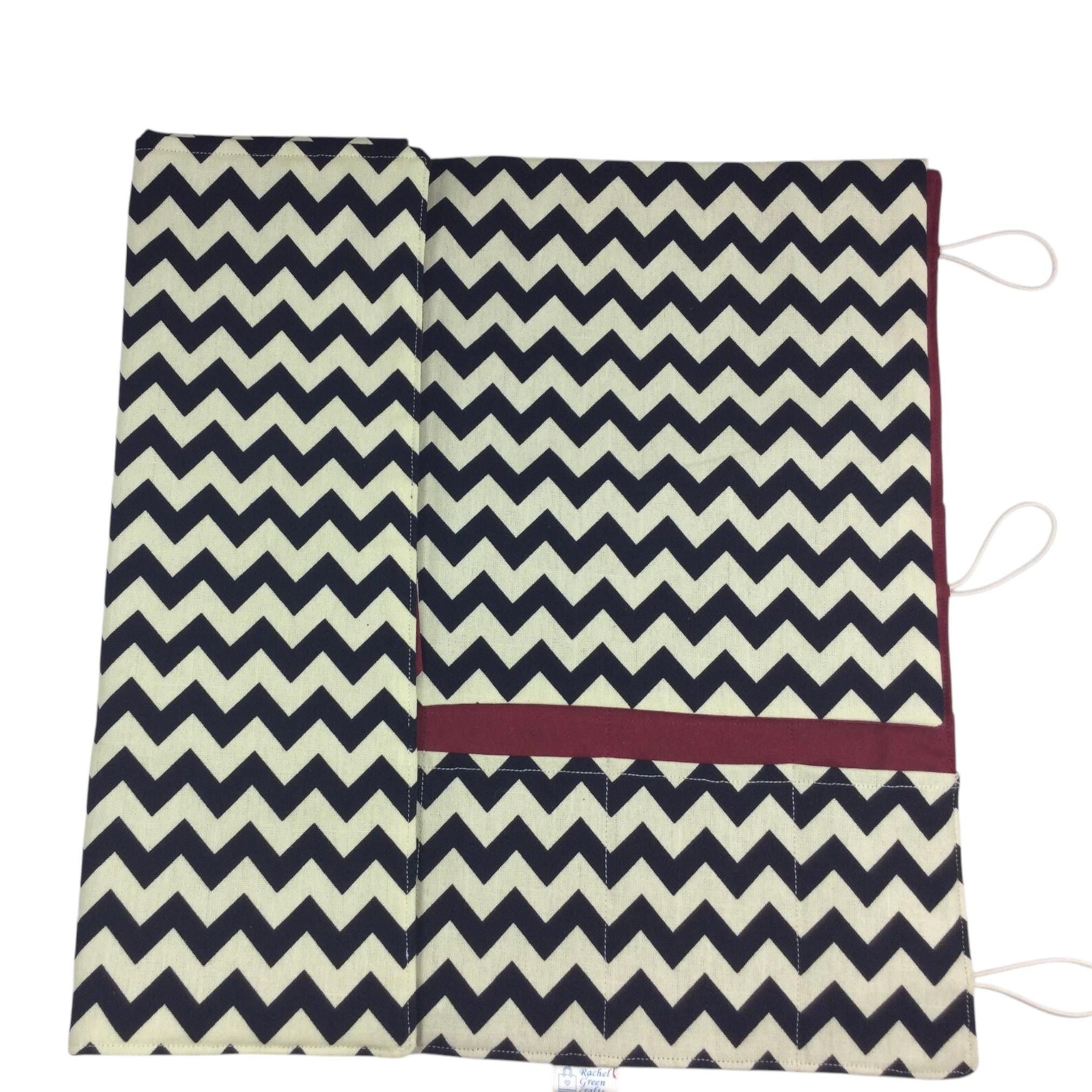 Straight and circular knitting needle case with black chevron print, heavy weight storage pouch, long needles wallet, fixed sock needle