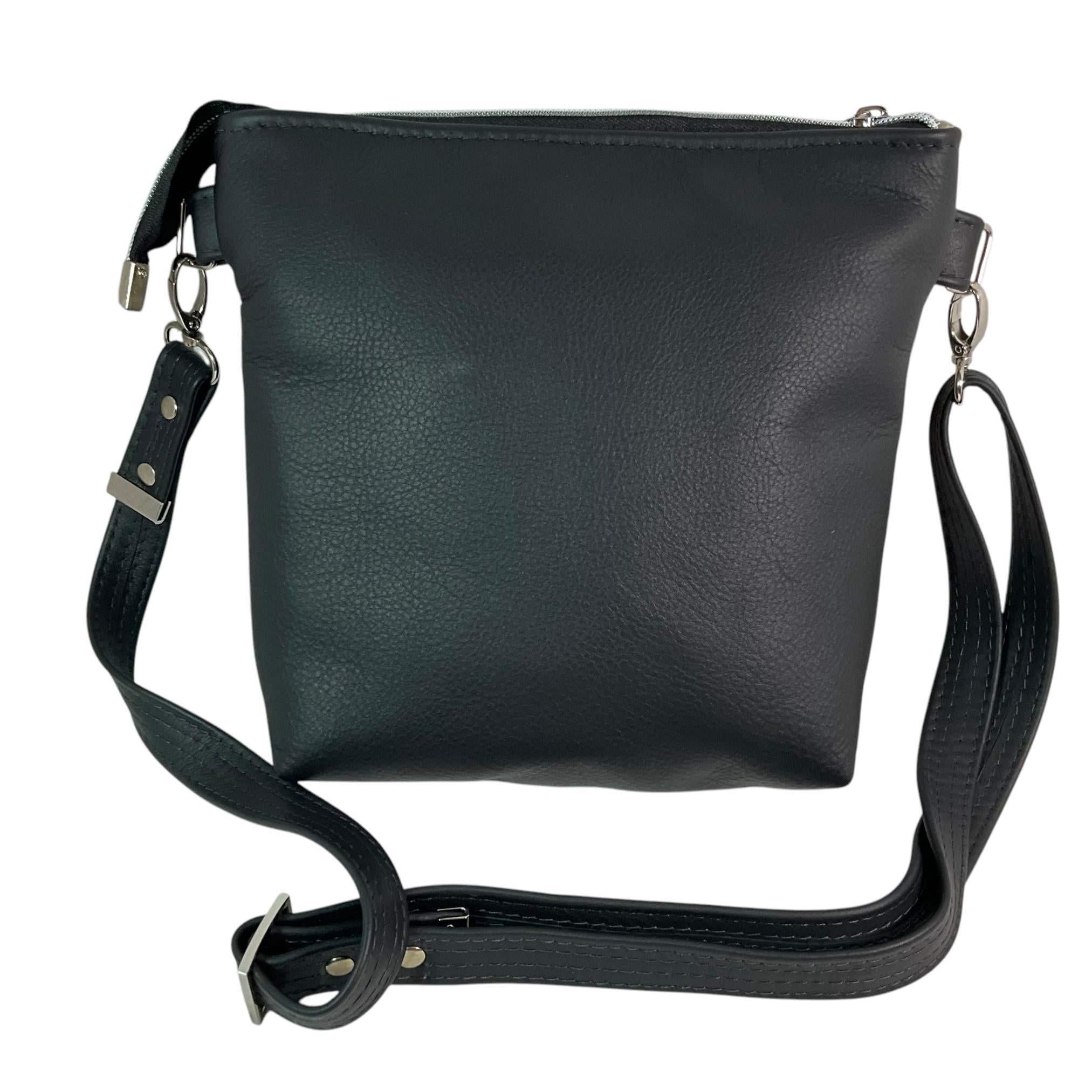 Leather Crossbody Bag: Green Cat Print Canvas, Handmade