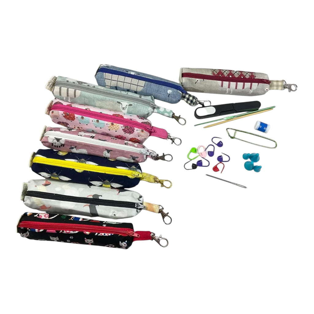 Knitting and crochet travel notions kit, clip on knit bag travel kit, stitch markers, accessories pouch, travel scissors, crafting kit