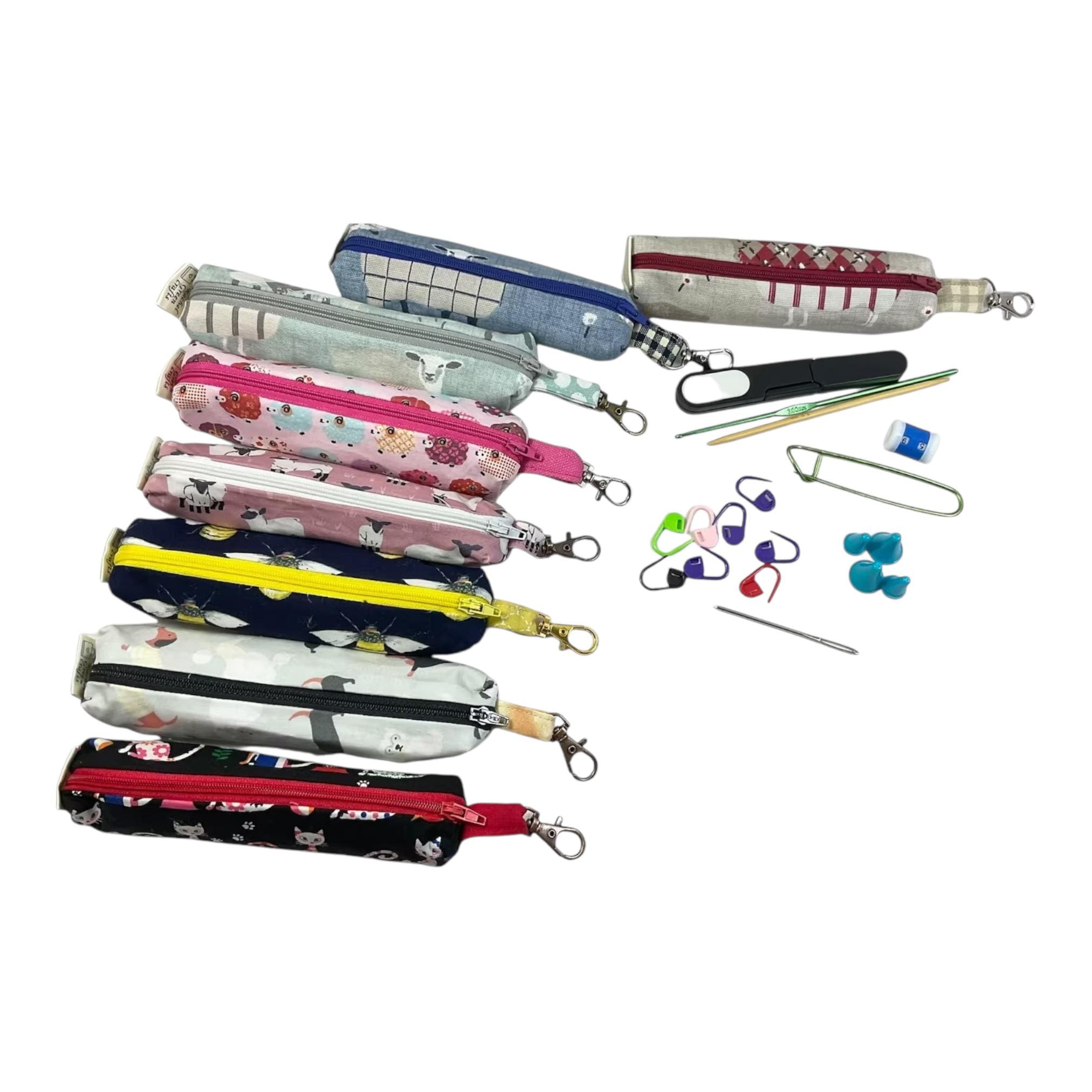 Knitting and crochet travel notions kit, clip on knit bag travel kit, stitch markers, accessories pouch, travel scissors, crafting kit
