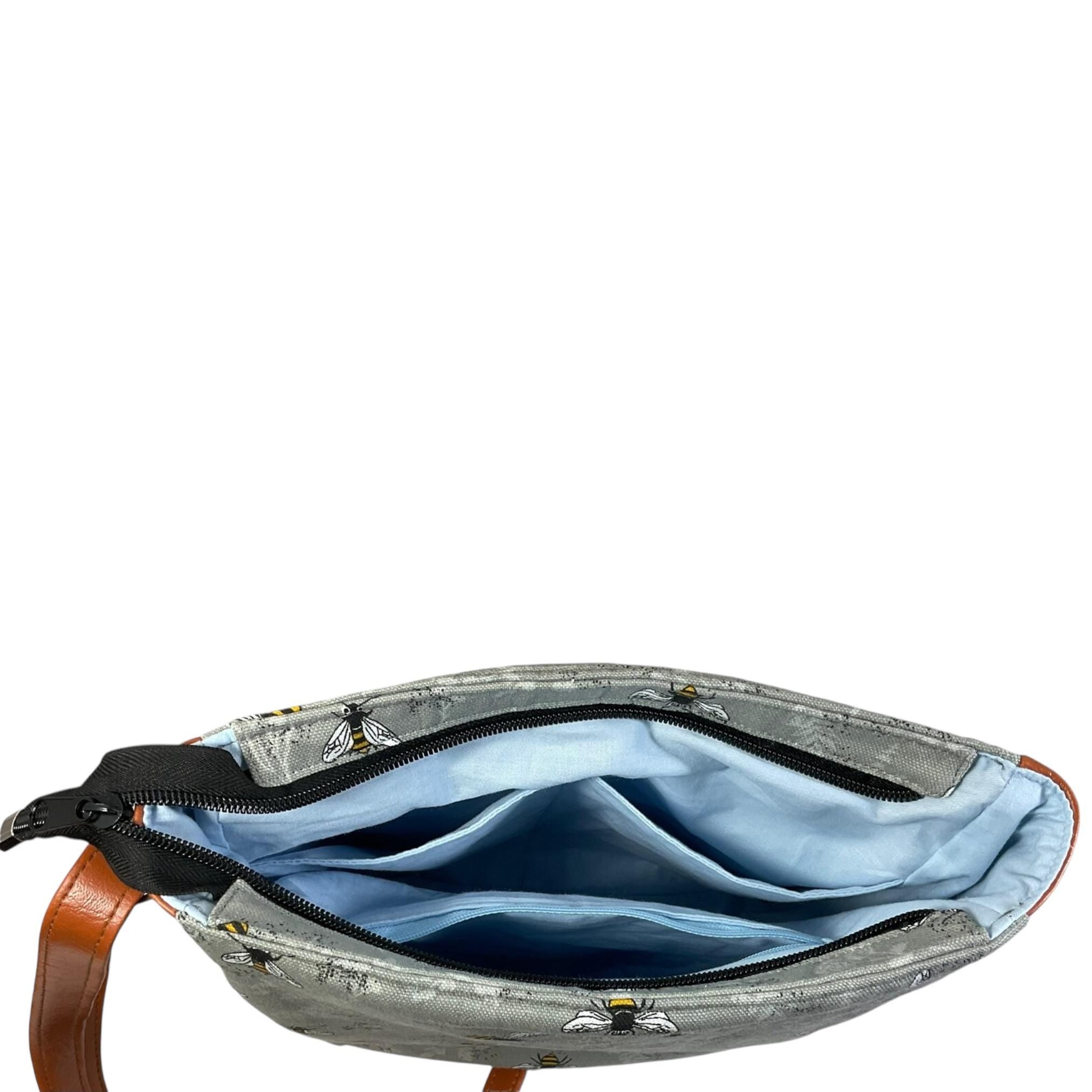 Handbag in faux leather and bee print,  vegan ladies gift, crossbody bag, shoulder zip pouch
