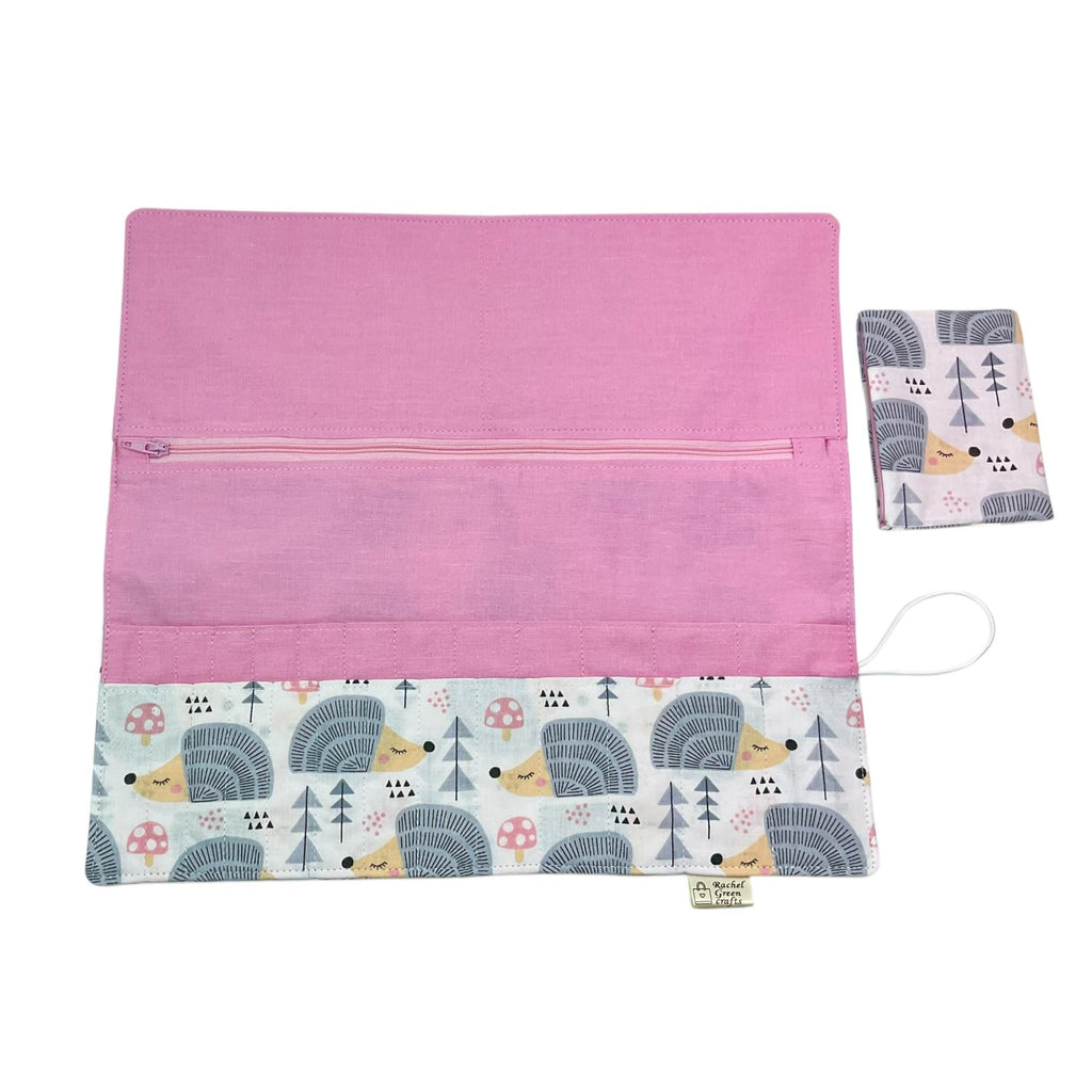 Interchangeable knitting needle case with hedgehogs, holds 2 sets, addi case, chiagoo wallet, woodland  knit pro organiser, hiya hiya pouch