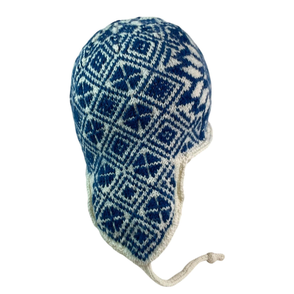 Ear flap hat with stranded blue and cream pattern, Andean chullo wool hat, unisex, warm winter hat, Norwegian style, fairisle hat, ski hat