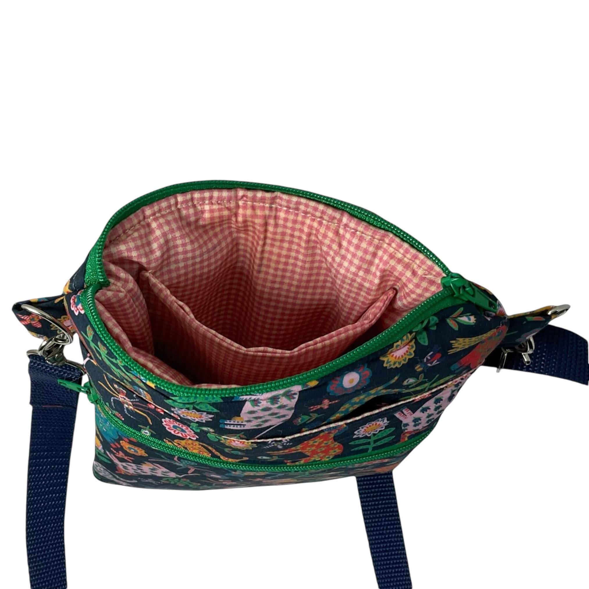 Liberty fabric slim phone shoulder bag with multi pockets, teen messenger style floral phone pouch, mini clutch bag, clubbing festival bag,