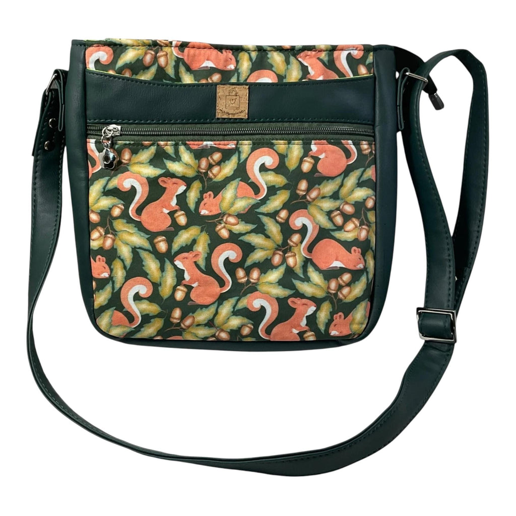 Handbag in faux leather and squirrel print,  vegan ladies gift, woodland crossbody bag, shoulder zip pouch