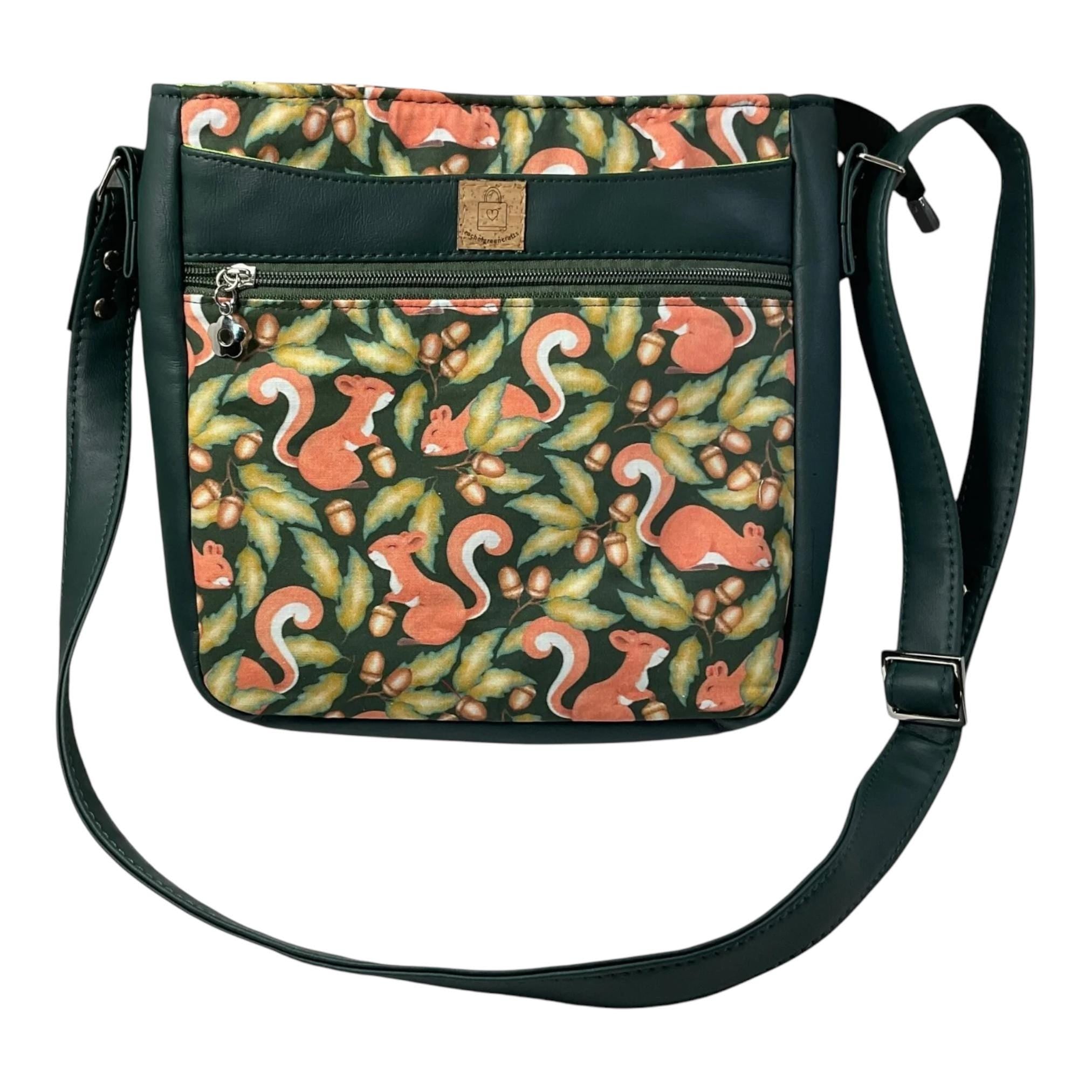 Handbag in faux leather and squirrel print,  vegan ladies gift, woodland crossbody bag, shoulder zip pouch