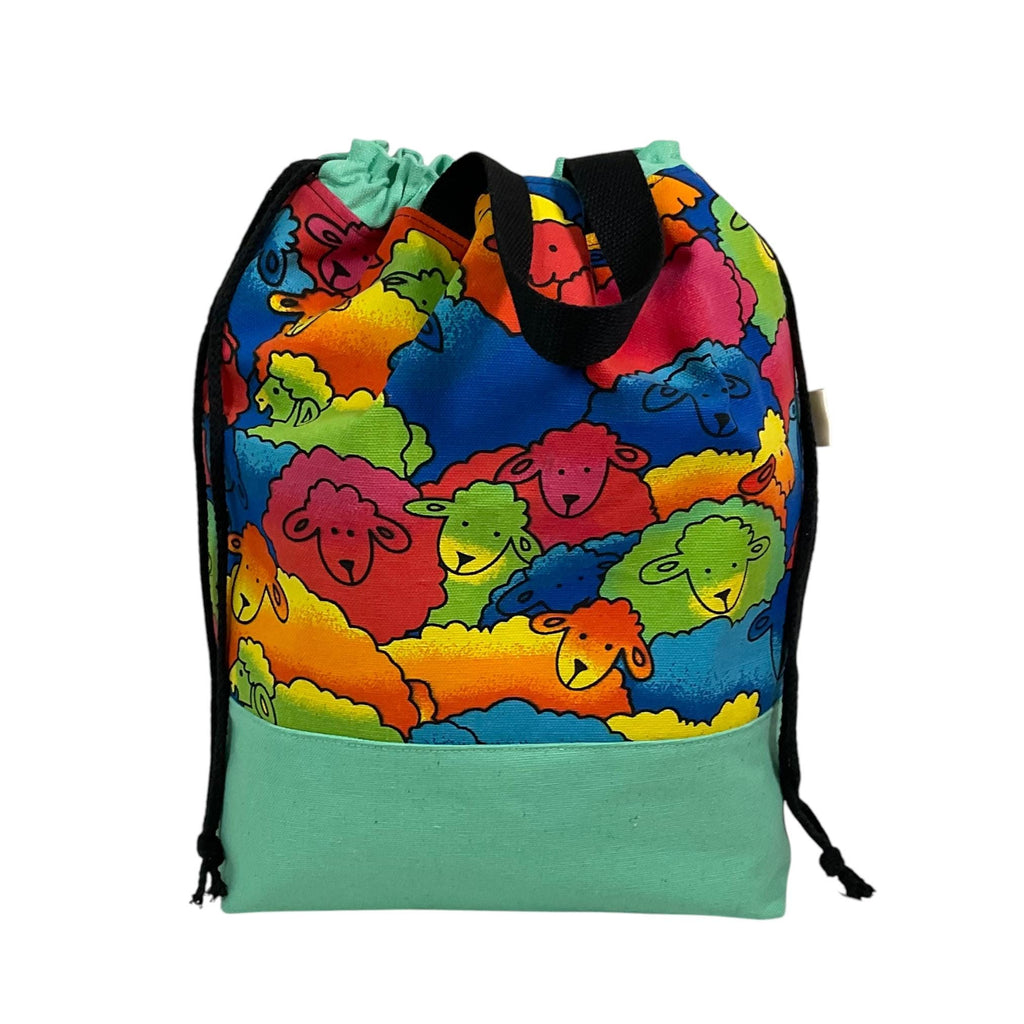 Extra Large drawstring knitting bag with bright sheep print, multi pockets project bag with handles