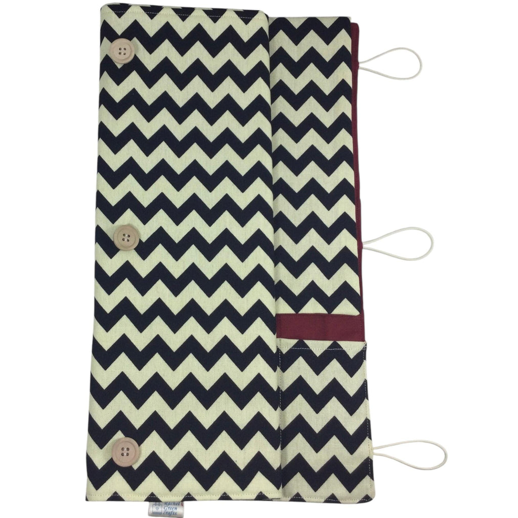 Straight and circular knitting needle case with black chevron print, heavy weight storage pouch, long needles wallet, fixed sock needle